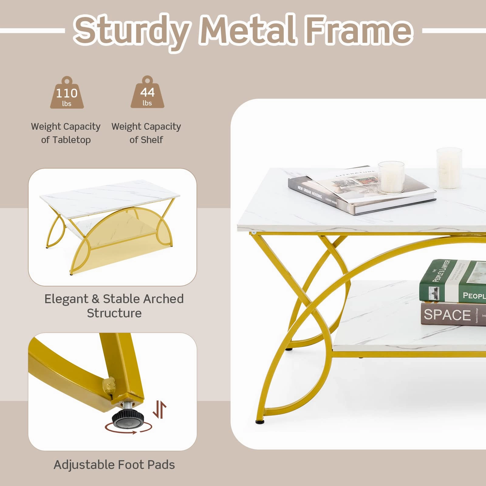 Giantex 2-Tier Rectangular Coffee Table, Modern Chic Cocktail Table with Open Storage Shelf, White/Gold