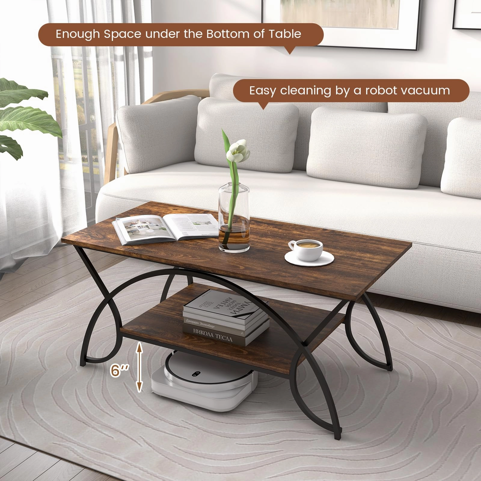 Giantex 2-Tier Rectangular Coffee Table, Modern Chic Cocktail Table with Open Storage Shelf, White/Gold