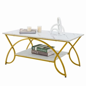 Giantex 2-Tier Rectangular Coffee Table, Modern Chic Cocktail Table with Open Storage Shelf, White/Gold console table, hallway table