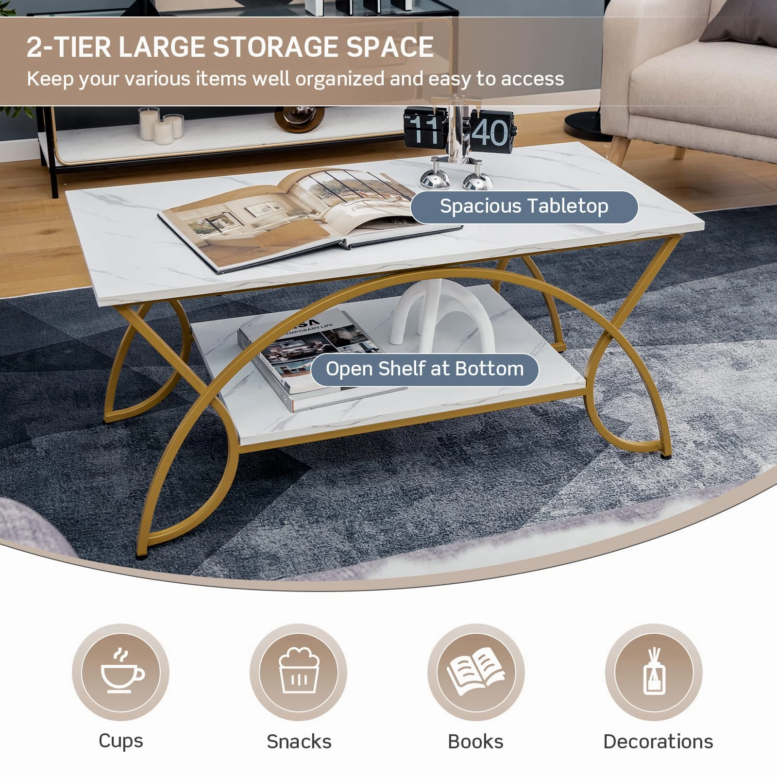Giantex 2-Tier Rectangular Coffee Table, Modern Chic Cocktail Table with Open Storage Shelf, White/Gold