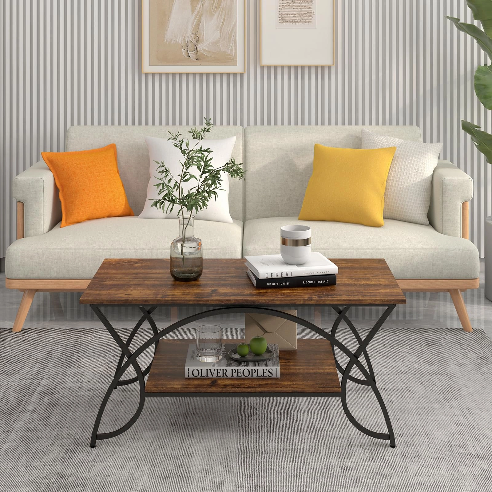 Giantex 2-Tier Rectangular Coffee Table, Modern Chic Cocktail Table with Open Storage Shelf, White/Gold