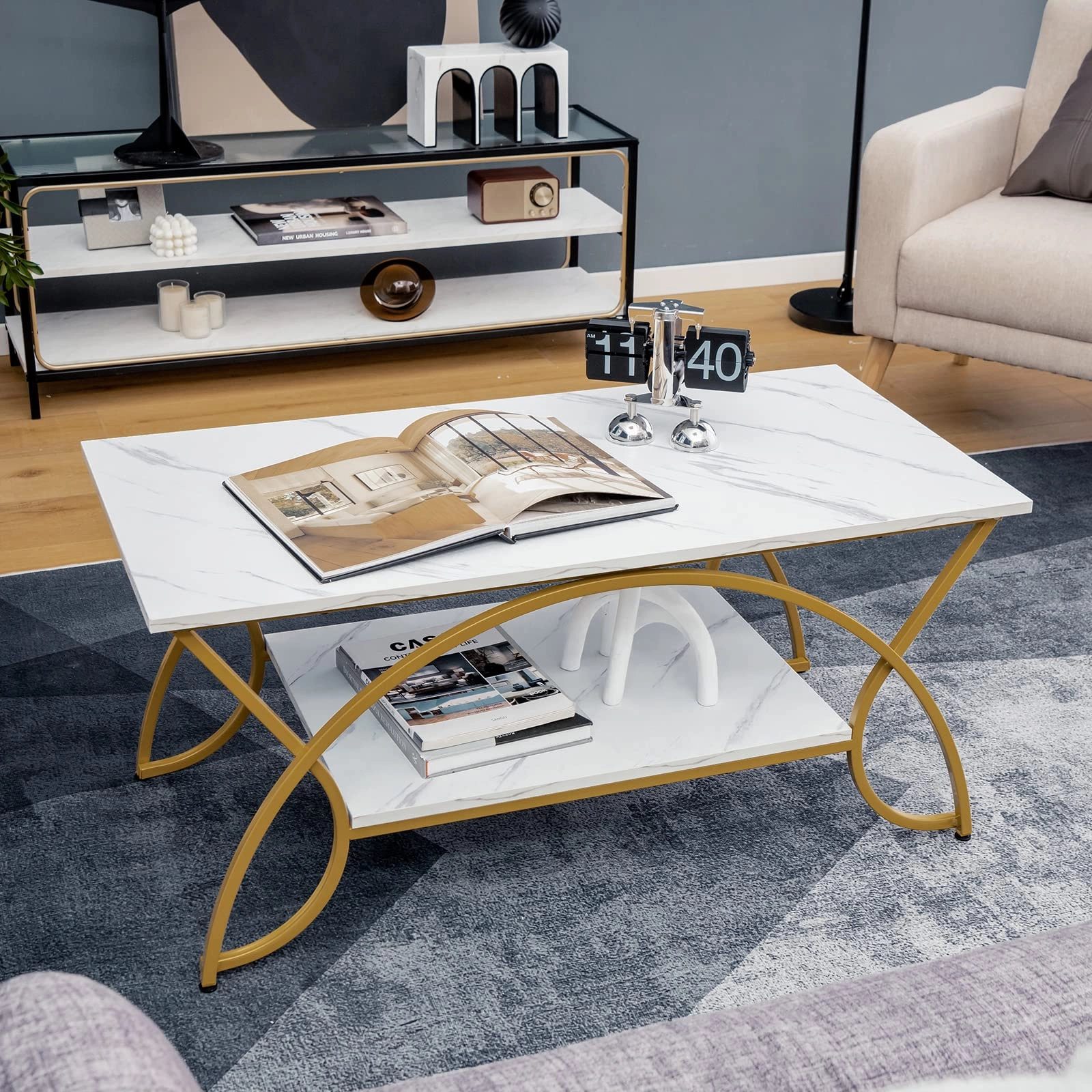 Giantex 2-Tier Rectangular Coffee Table, Modern Chic Cocktail Table with Open Storage Shelf, White/Gold