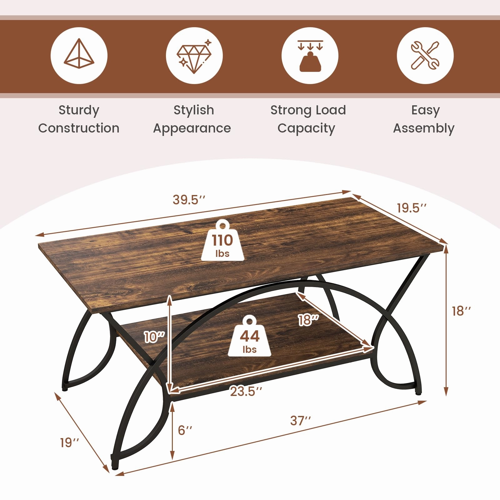 Giantex 2-Tier Rectangular Coffee Table, Modern Chic Cocktail Table with Open Storage Shelf, White/Gold