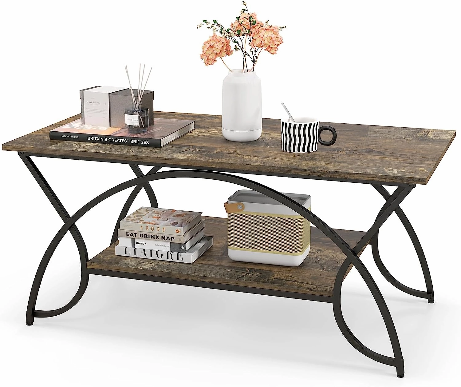 Giantex 2-Tier Rectangular Coffee Table, Modern Chic Cocktail Table with Open Storage Shelf, White/Gold