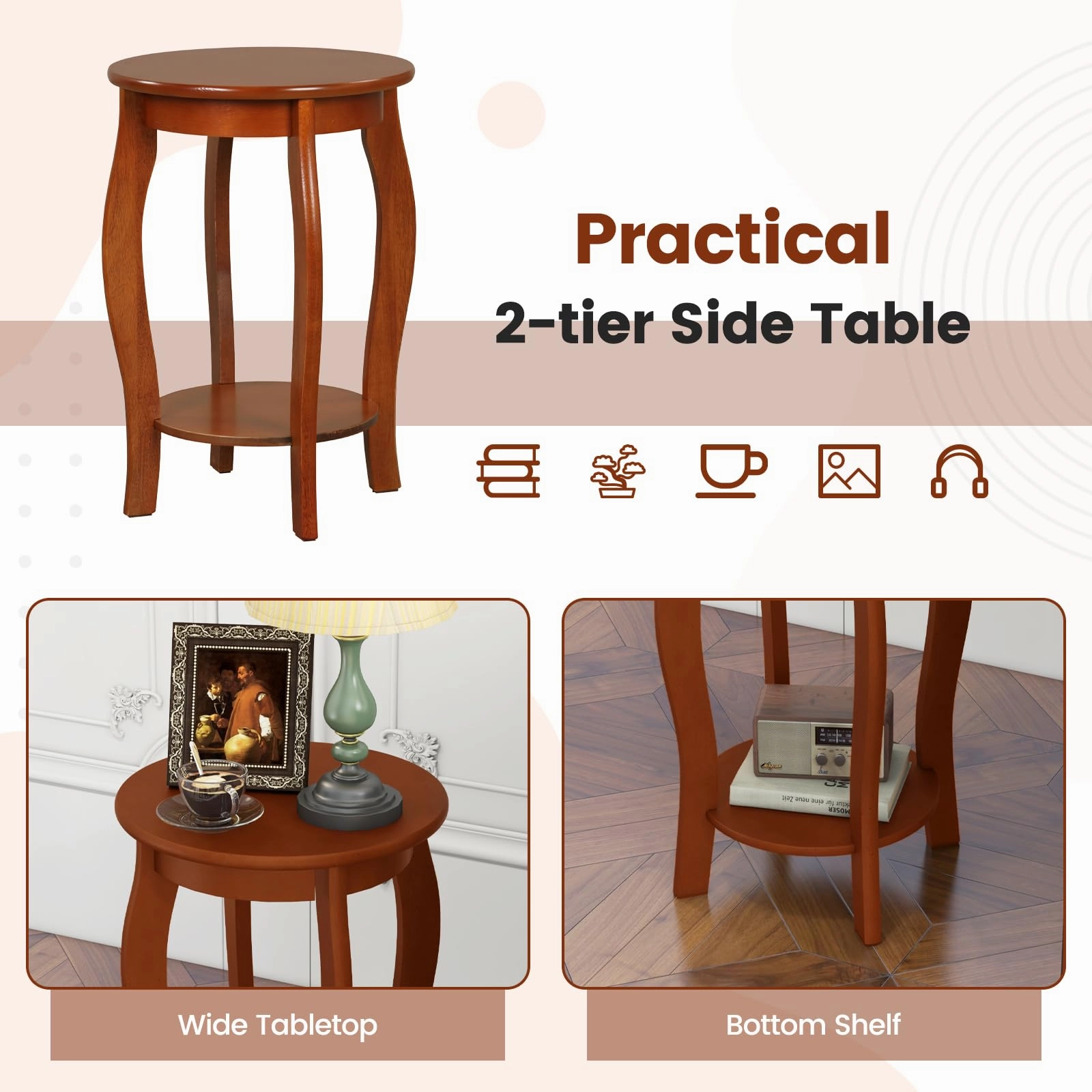 Giantex 2-Tier Round End Table, Narrow Tiered Telephone Table with Storage Shelf, Solid Wood Legs