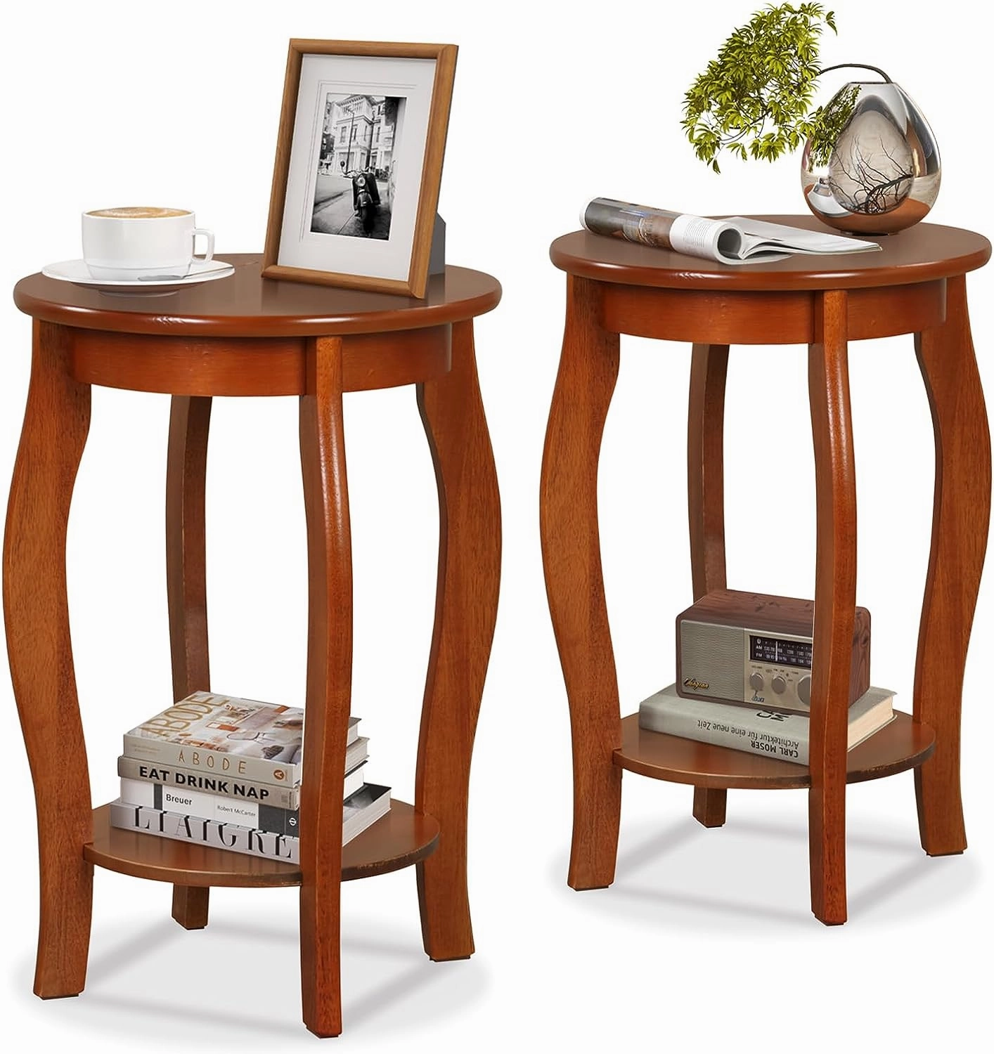 Giantex 2-Tier Round End Table, Narrow Tiered Telephone Table with Storage Shelf, Solid Wood Legs