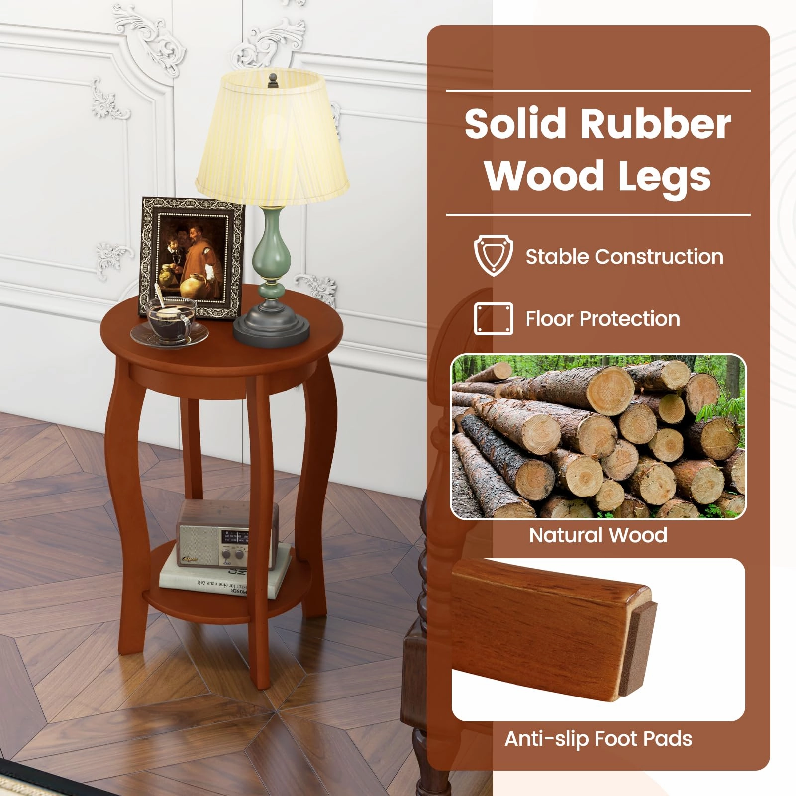 Giantex 2-Tier Round End Table, Narrow Tiered Telephone Table with Storage Shelf, Solid Wood Legs