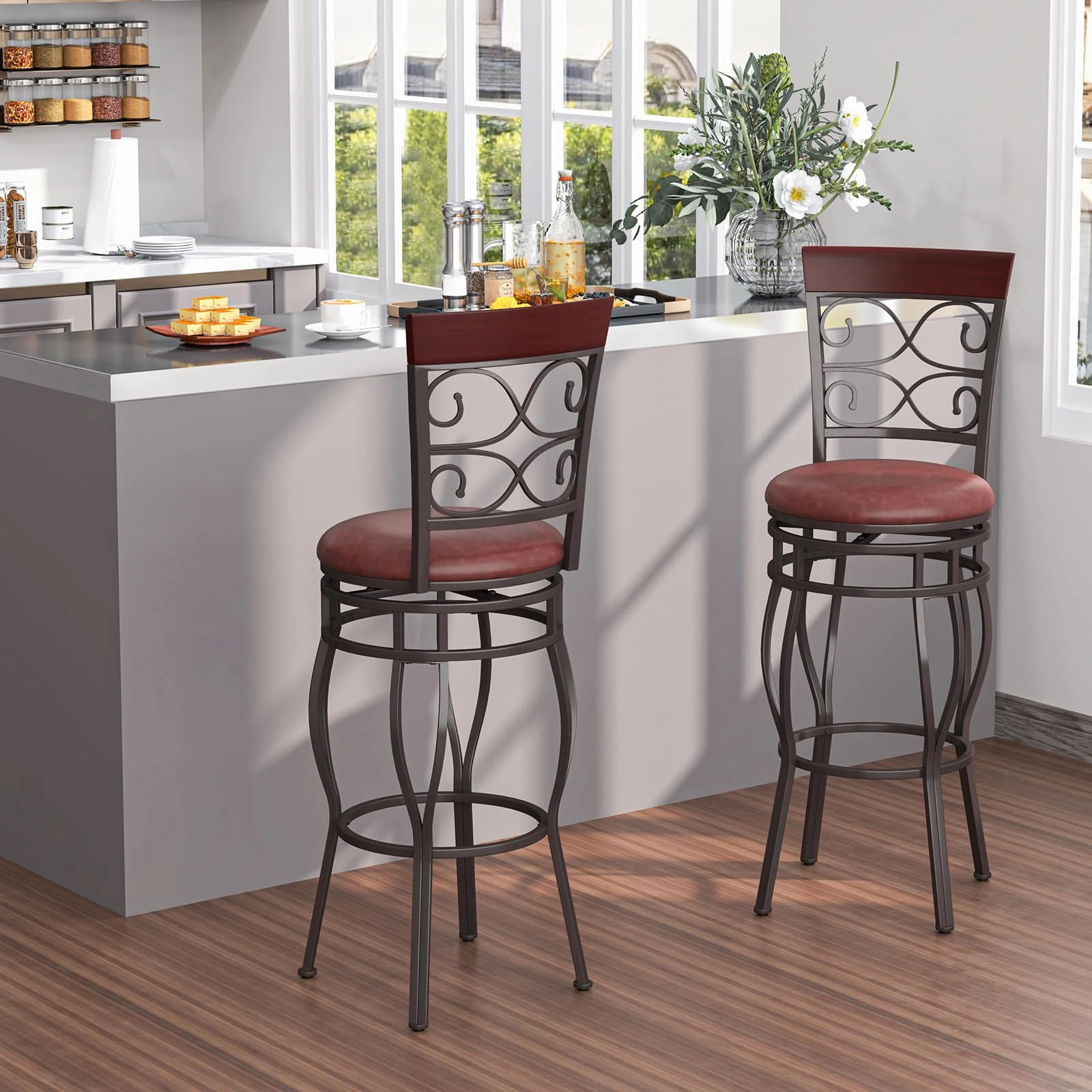 Giantex 30" Swivel Bar Stools Set of 2, Bar Height Bar Stools w/Back, Upholstered PU Leather Seat, Footrest, Rustic Brown