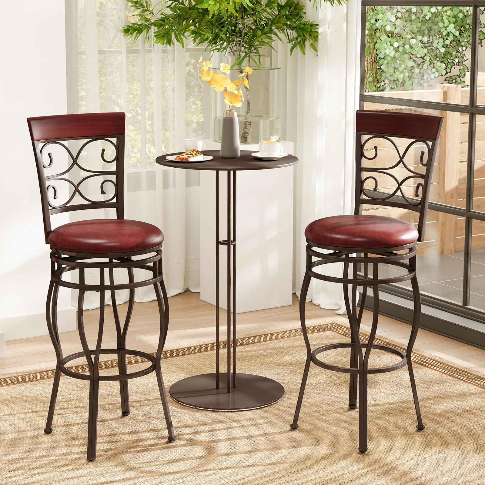 Giantex 30" Swivel Bar Stools Set of 2, Bar Height Bar Stools w/Back, Upholstered PU Leather Seat, Footrest, Rustic Brown
