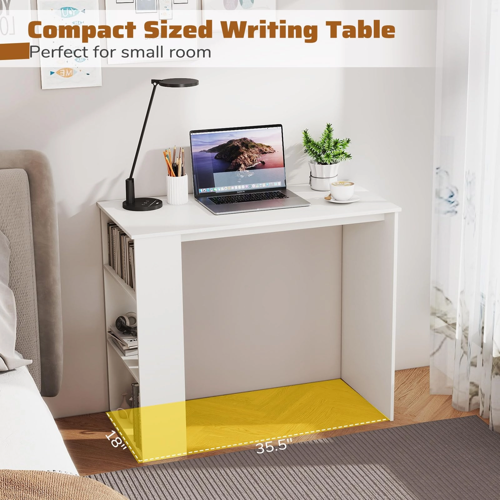 Giantex 35.5 Inch Compact Home Office Desk with Storage Bookshelf