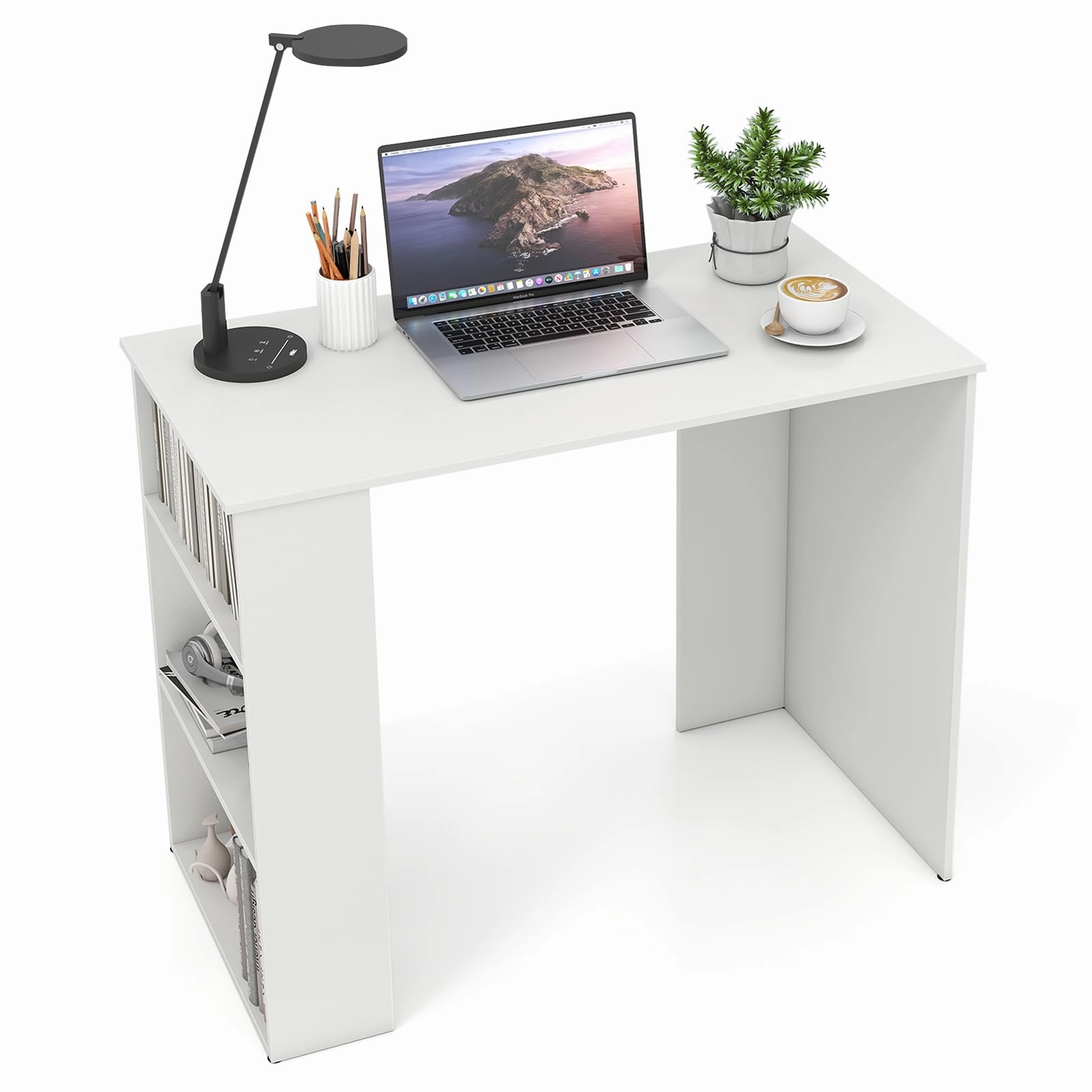 Giantex 35.5 Inch Compact Home Office Desk with Storage Bookshelf patio decor, garden accessories