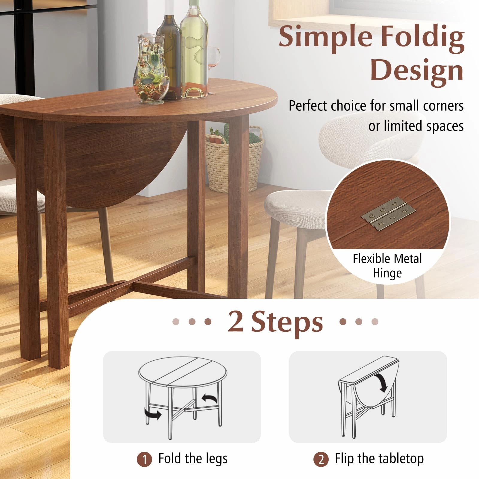 Giantex 35.5 Round Dining Table, Folding Kitchen Table for Small Spaces