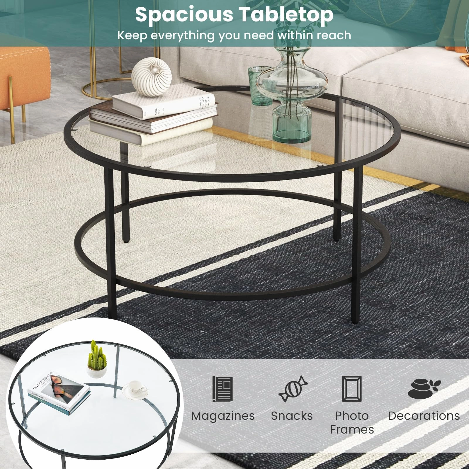 Giantex 35.5D Round Coffee Table - Modern Coffee Table with Tempered Glass Tabletop