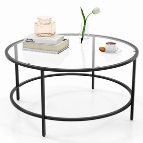 Giantex 35.5D Round Coffee Table - Modern Coffee Table with Tempered Glass Tabletop throw pillow, fuzzy blanket