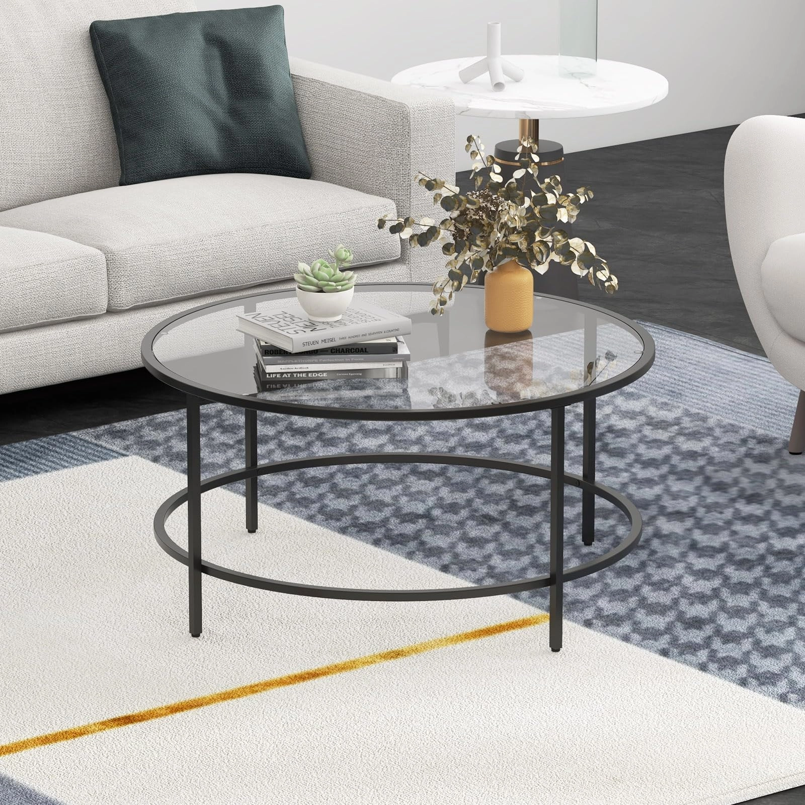 Giantex 35.5D Round Coffee Table - Modern Coffee Table with Tempered Glass Tabletop