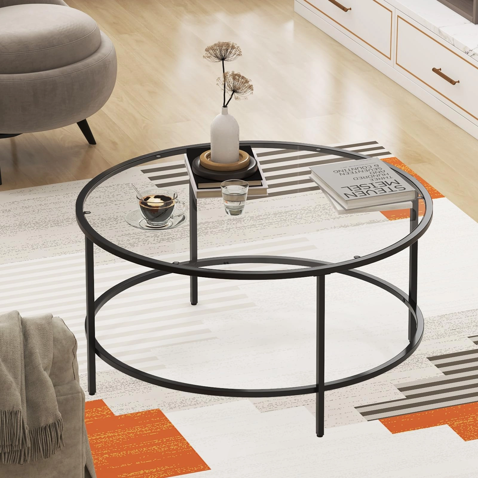 Giantex 35.5D Round Coffee Table - Modern Coffee Table with Tempered Glass Tabletop