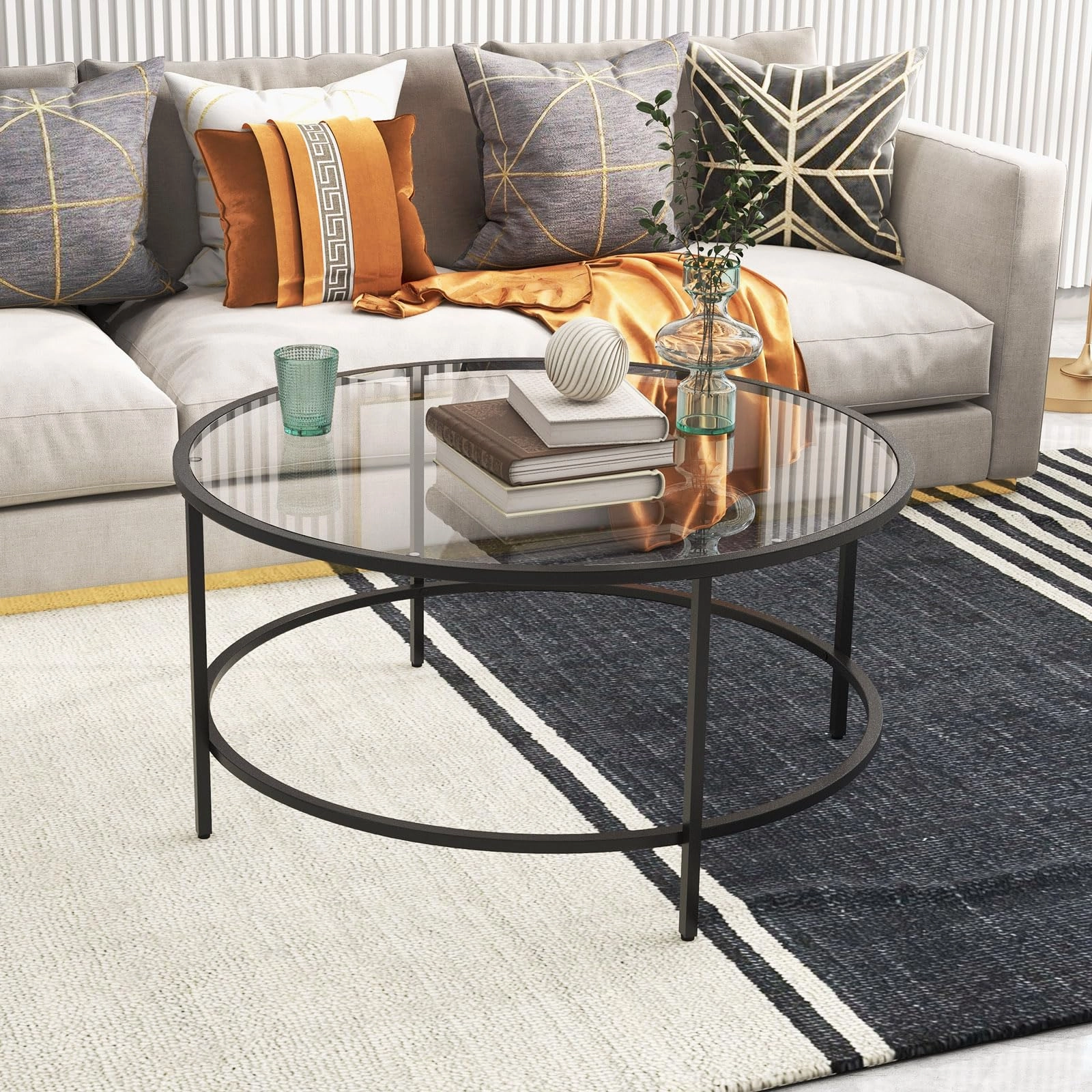 Giantex 35.5D Round Coffee Table - Modern Coffee Table with Tempered Glass Tabletop