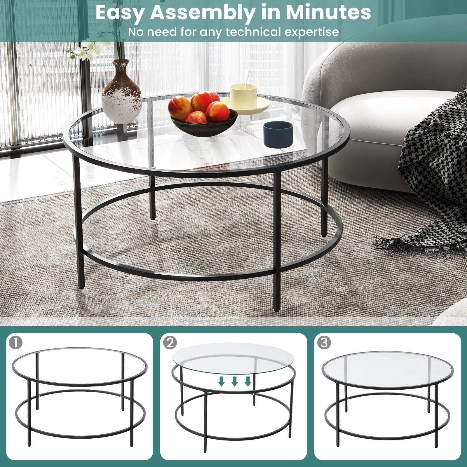 Giantex 35.5D Round Coffee Table - Modern Coffee Table with Tempered Glass Tabletop
