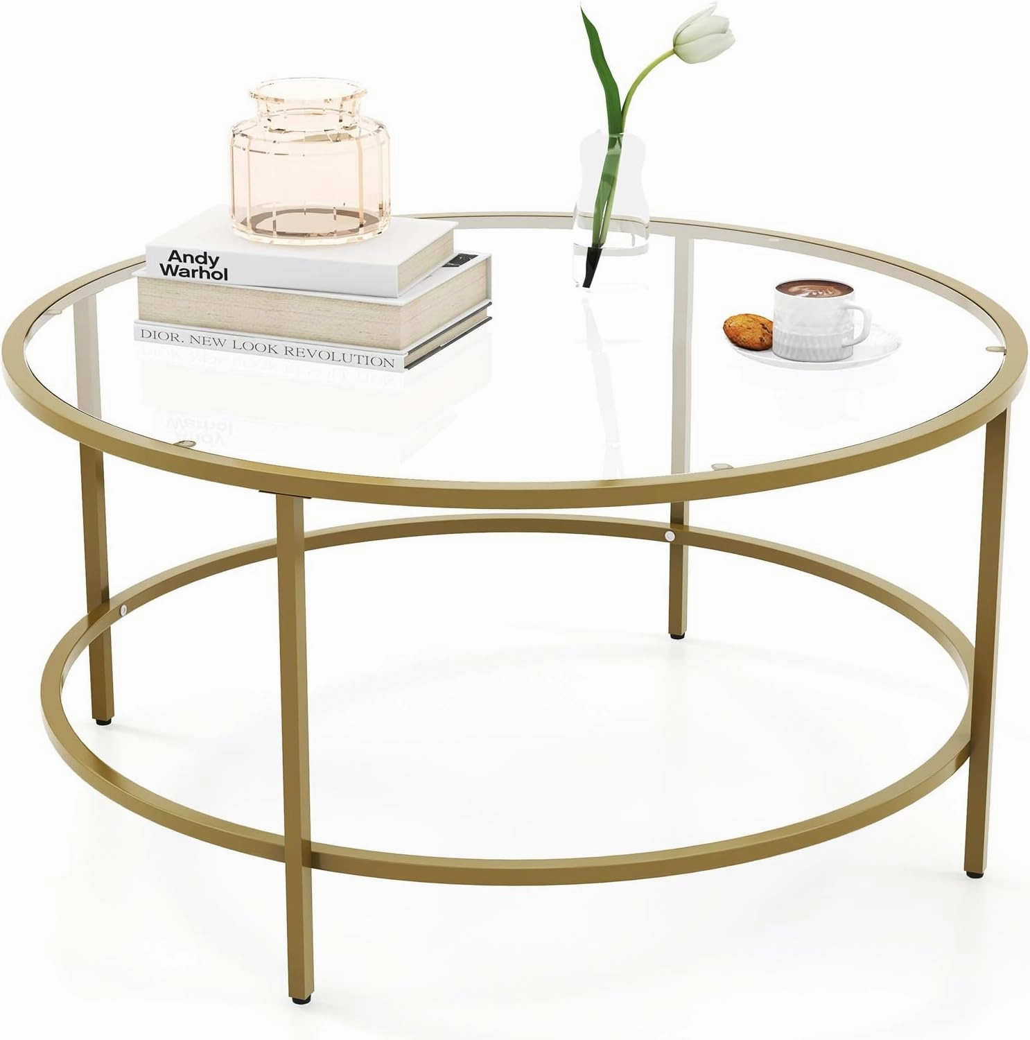 Giantex 35.5D Round Coffee Table - Modern Coffee Table with Tempered Glass Tabletop