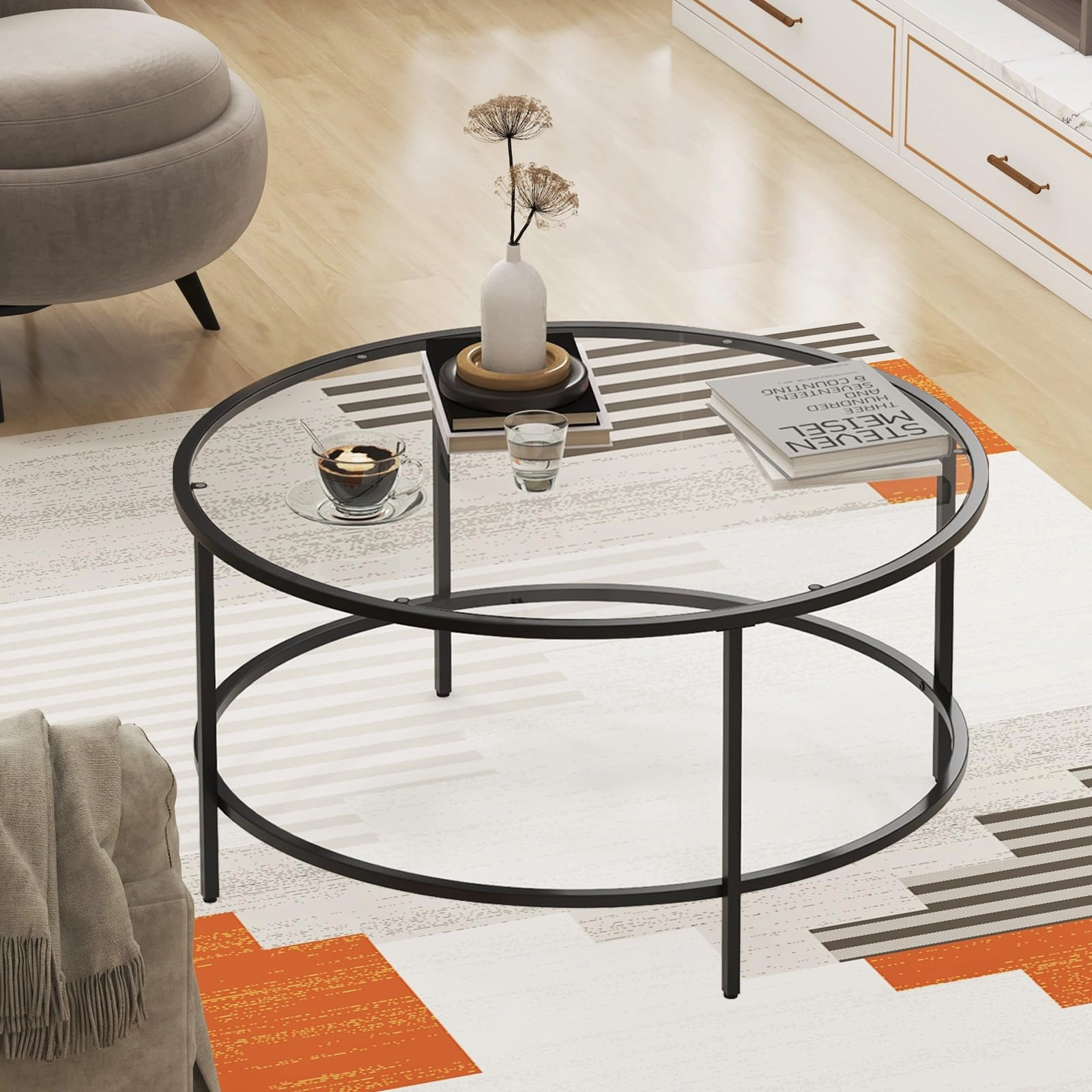 Giantex 35.5D Round Coffee Table - Modern Coffee Table with Tempered Glass Tabletop