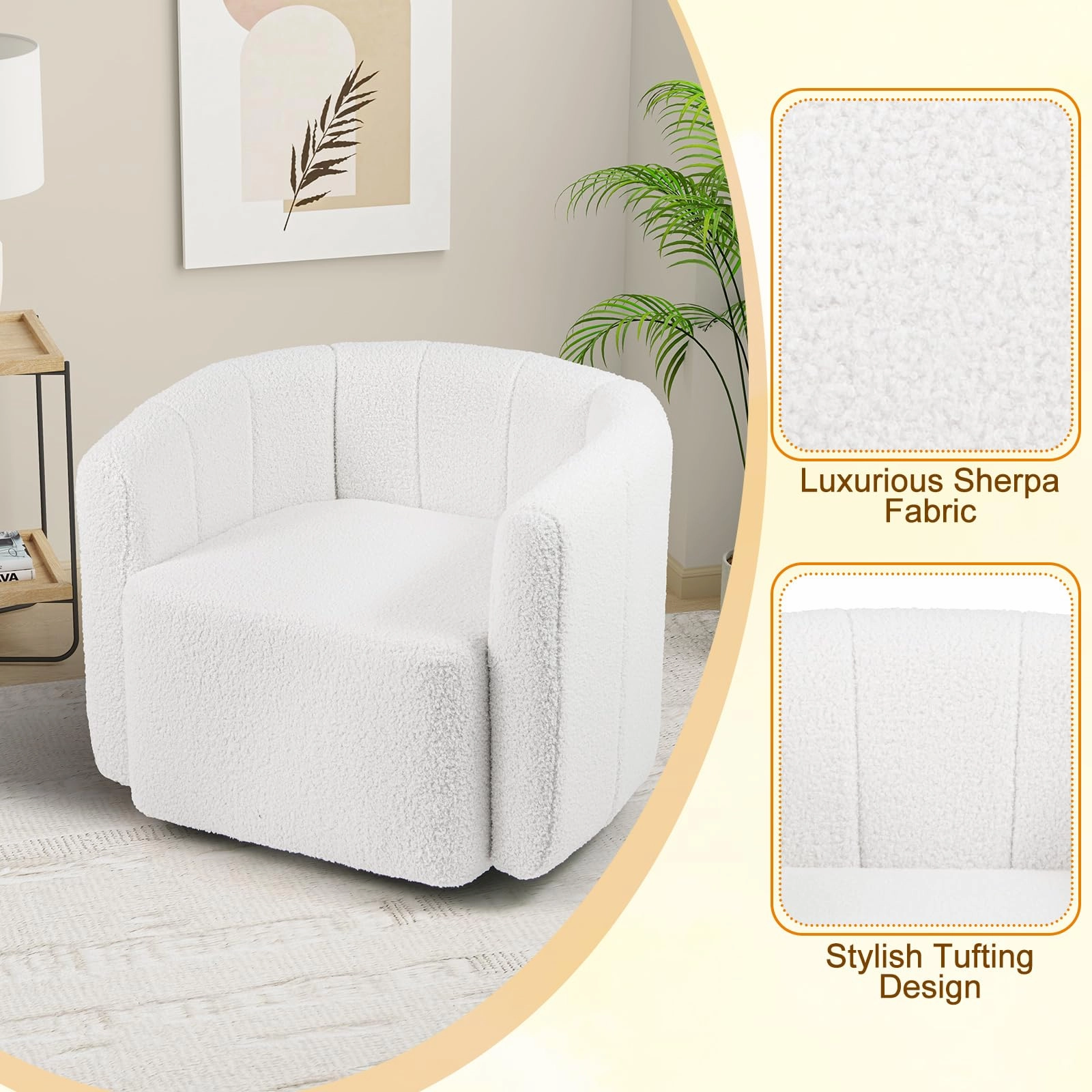 Giantex 360 Swivel Accent Chair - Sherpa Upholstered Boucle Barrel Club Chair with Padded Armrests