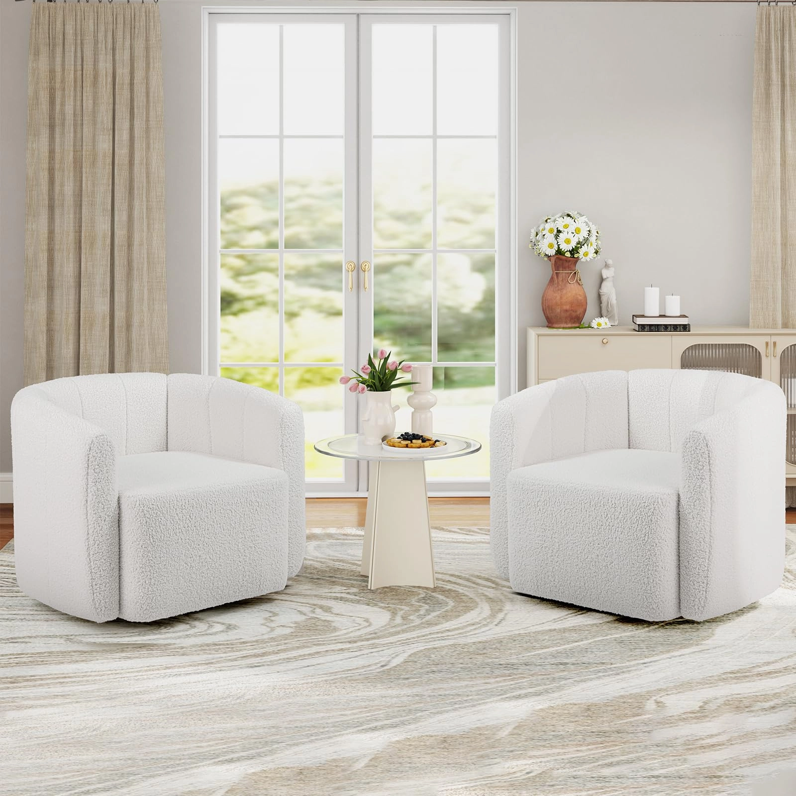 Giantex 360 Swivel Accent Chair - Sherpa Upholstered Boucle Barrel Club Chair with Padded Armrests