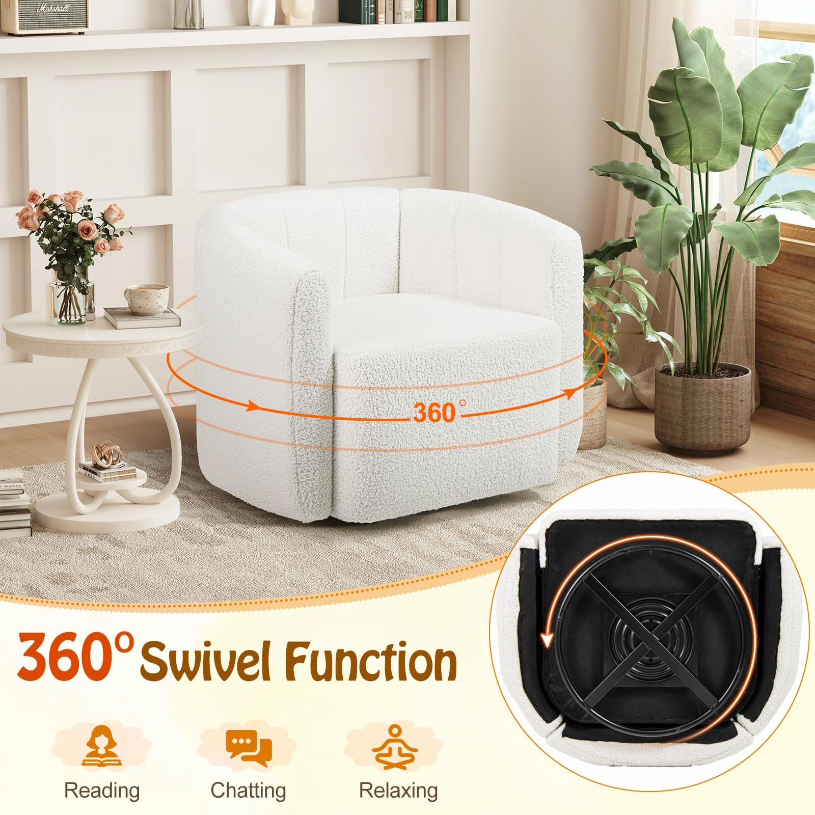 Giantex 360 Swivel Accent Chair - Sherpa Upholstered Boucle Barrel Club Chair with Padded Armrests