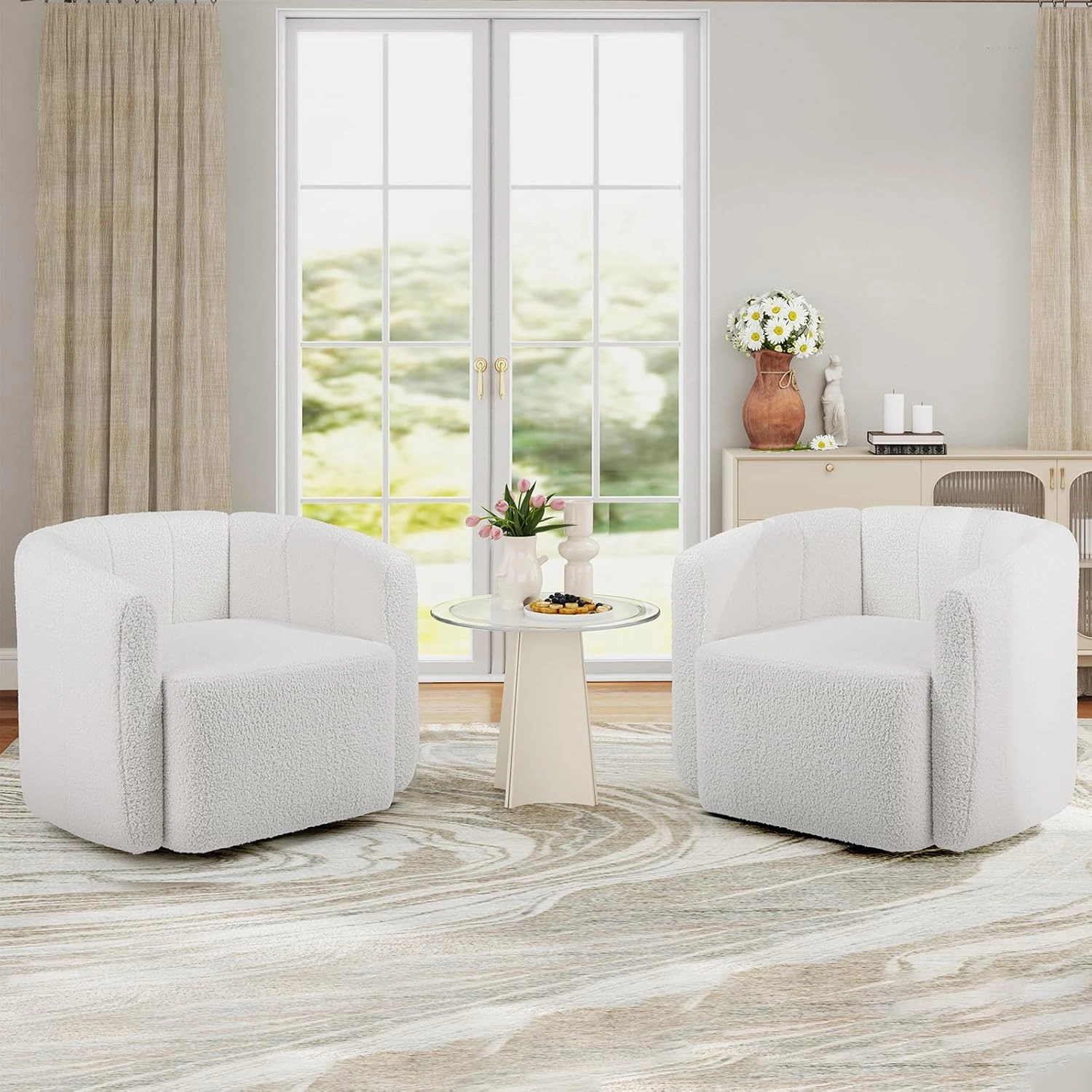 Giantex 360 Swivel Accent Chair - Sherpa Upholstered Boucle Barrel Club Chair with Padded Armrests
