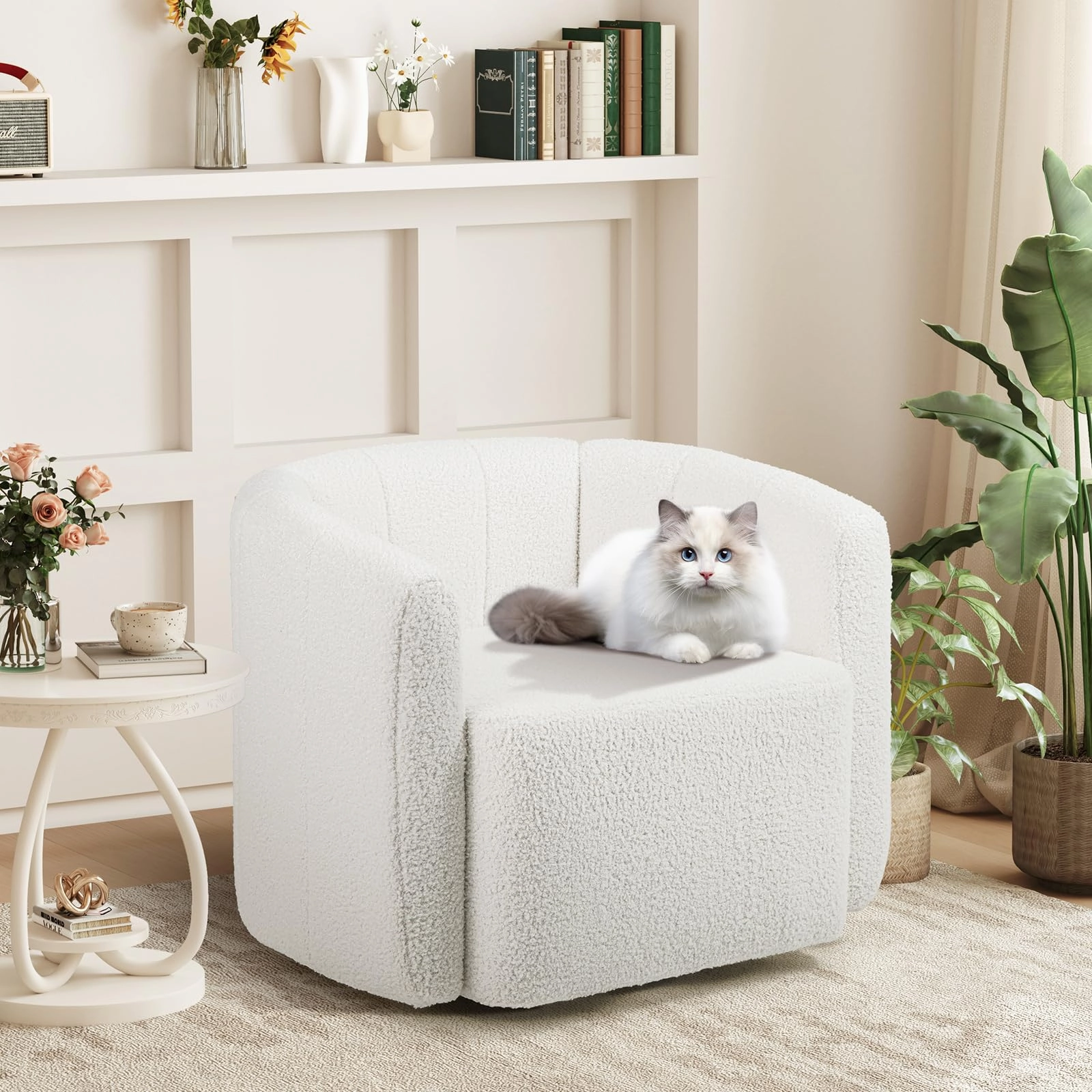 Giantex 360 Swivel Accent Chair - Sherpa Upholstered Boucle Barrel Club Chair with Padded Armrests