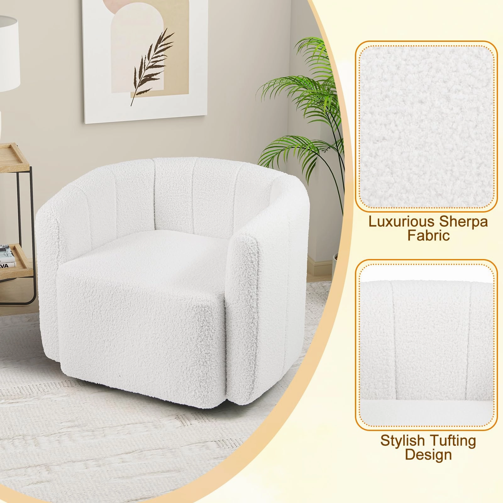 Giantex 360 Swivel Accent Chair - Sherpa Upholstered Boucle Barrel Club Chair with Padded Armrests