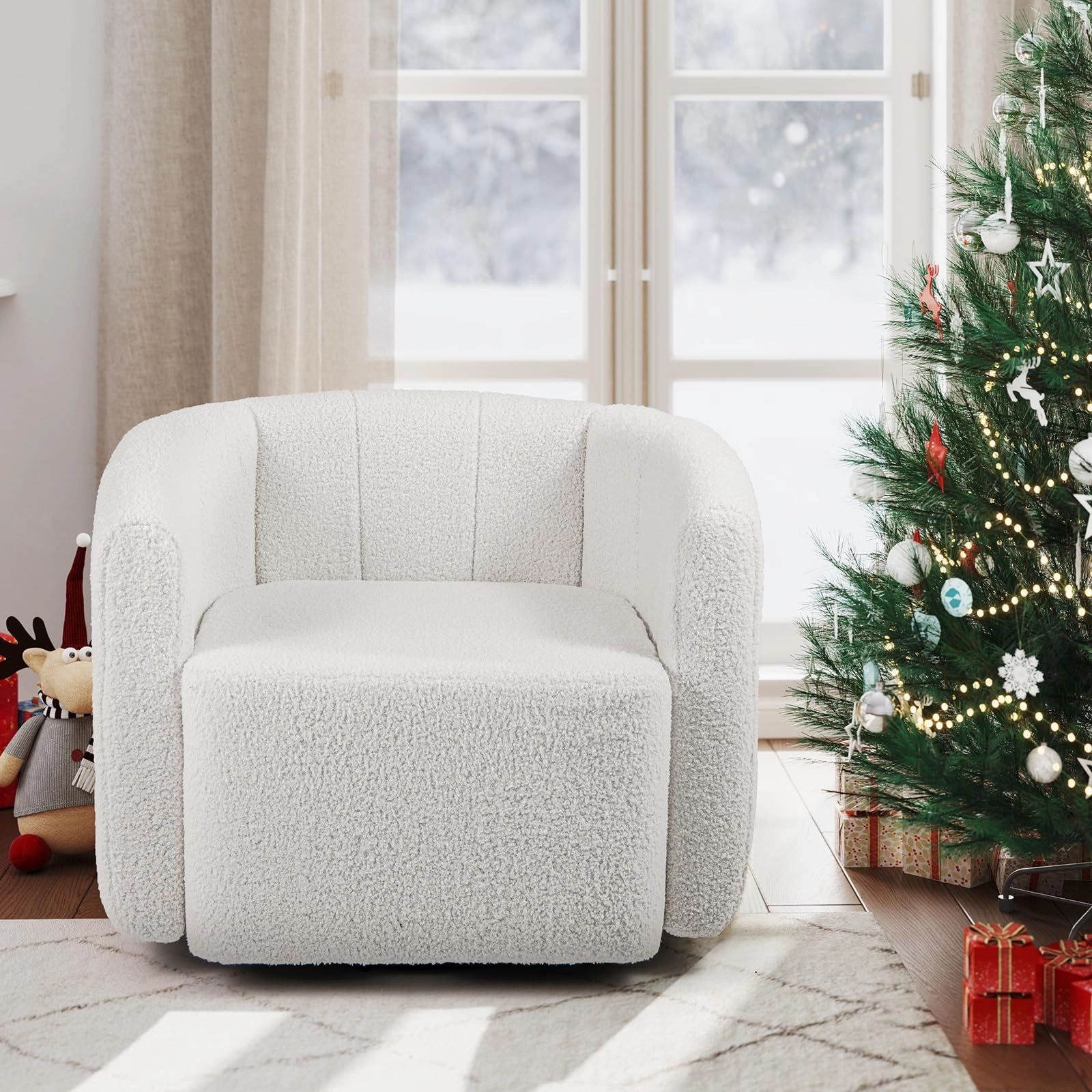Giantex 360 Swivel Accent Chair - Sherpa Upholstered Boucle Barrel Club Chair with Padded Armrests