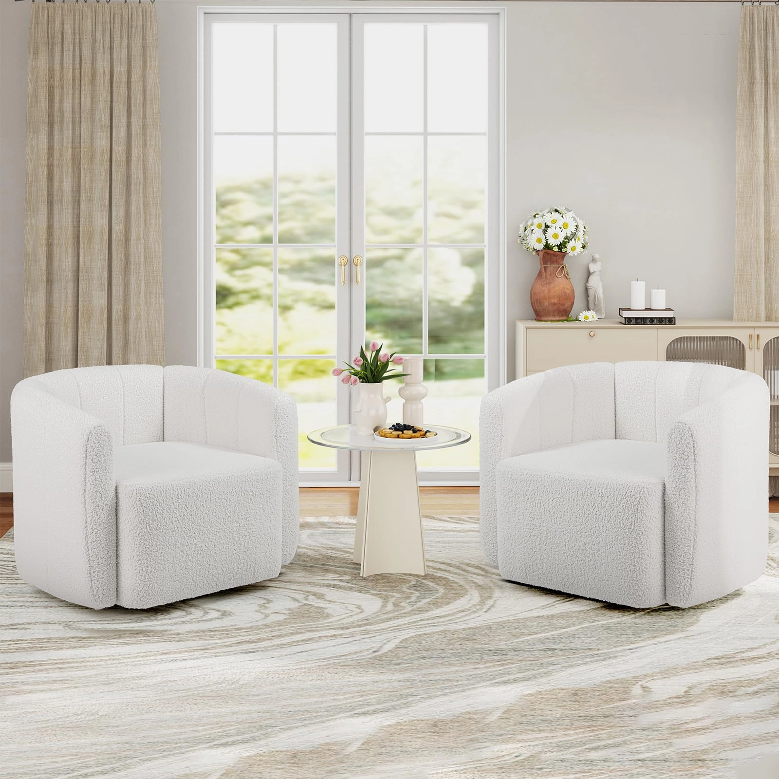 Giantex 360 Swivel Accent Chair - Sherpa Upholstered Boucle Barrel Club Chair with Padded Armrests