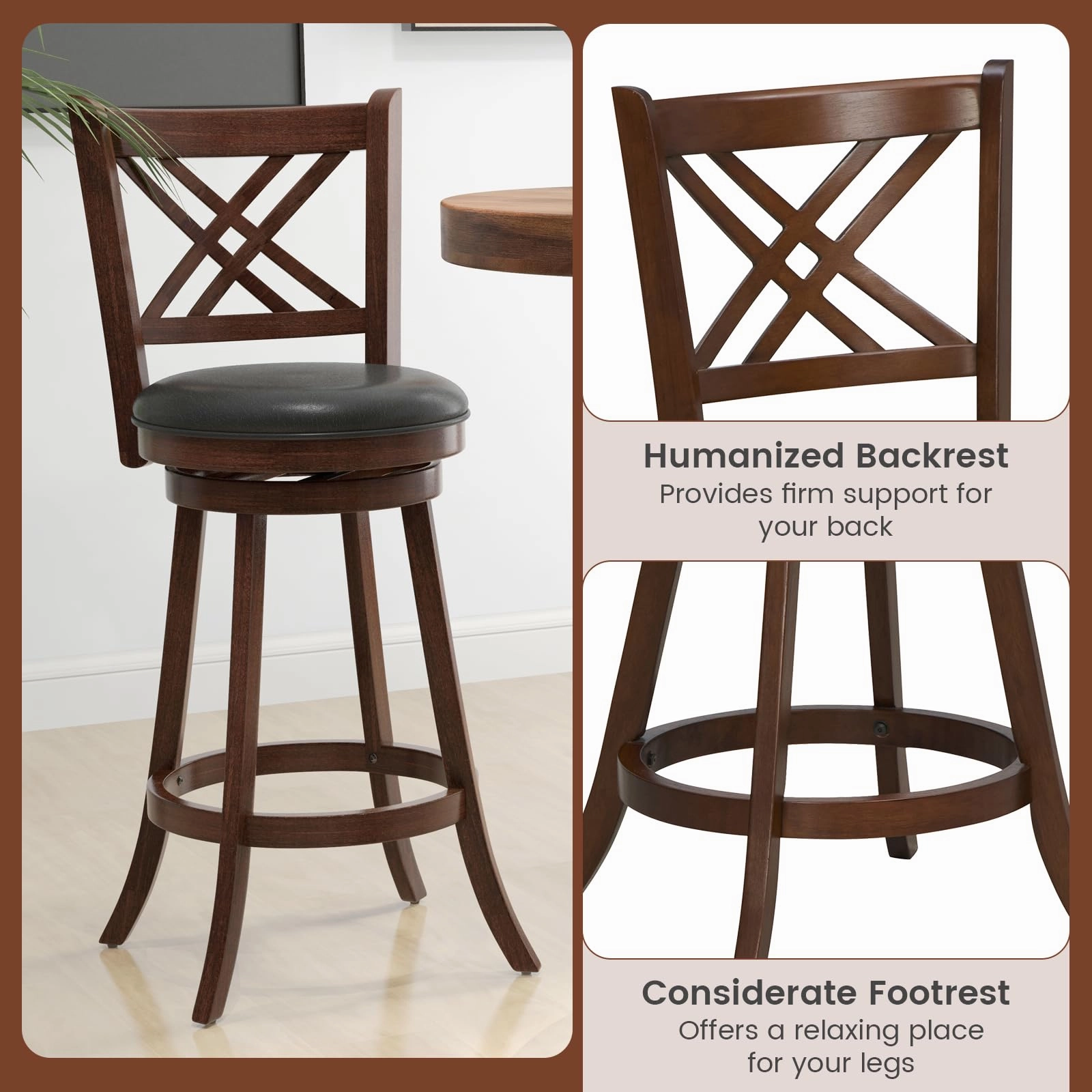 Giantex 360 Swivel Barstools Set of 2, 29"/24" Bar Height Bar Chairs with Back & Footrest, Espresso
