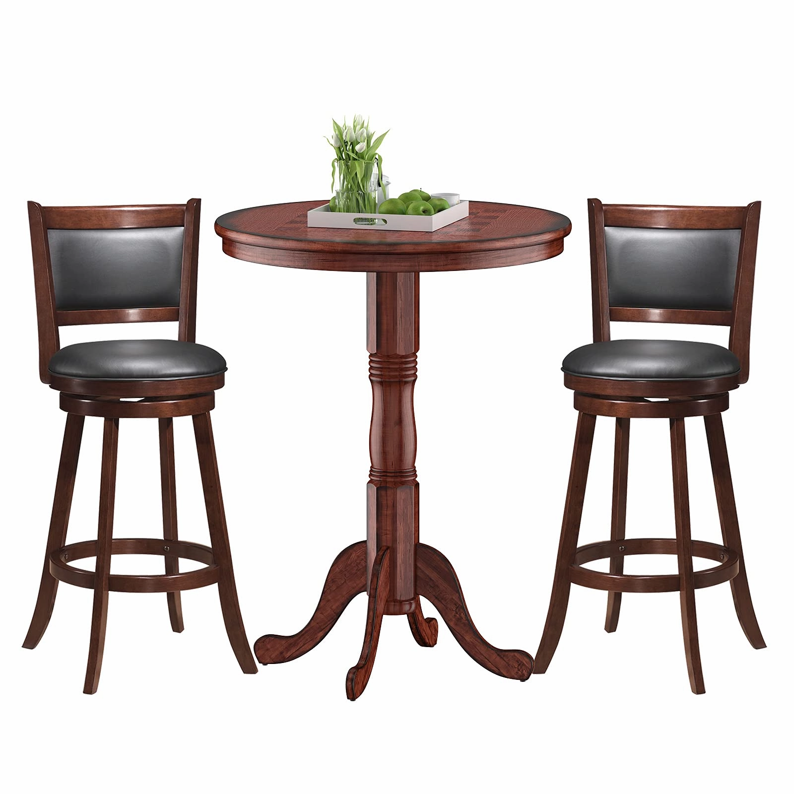 Giantex 3 Pcs Pub Table Set, Wooden Pub Pedestal Side Table w/Stable Base kitchen towel, placemats