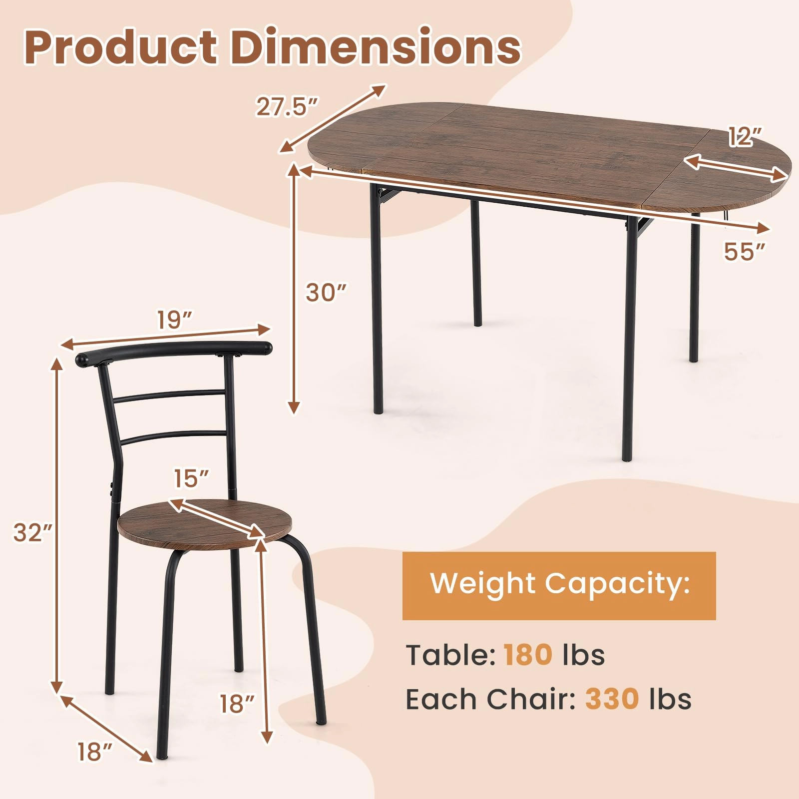 Giantex 3-Piece Dining Table Set for 2 - Kitchen Table Chair Set with 55 Drop Leaf Dinner Table, Dining Chairs