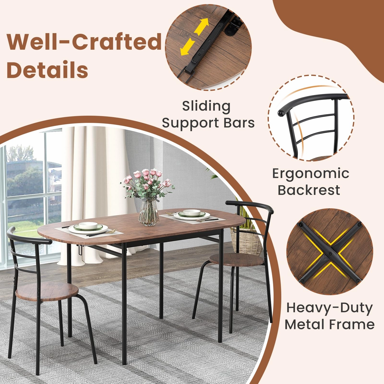 Giantex 3-Piece Dining Table Set for 2 - Kitchen Table Chair Set with 55 Drop Leaf Dinner Table, Dining Chairs