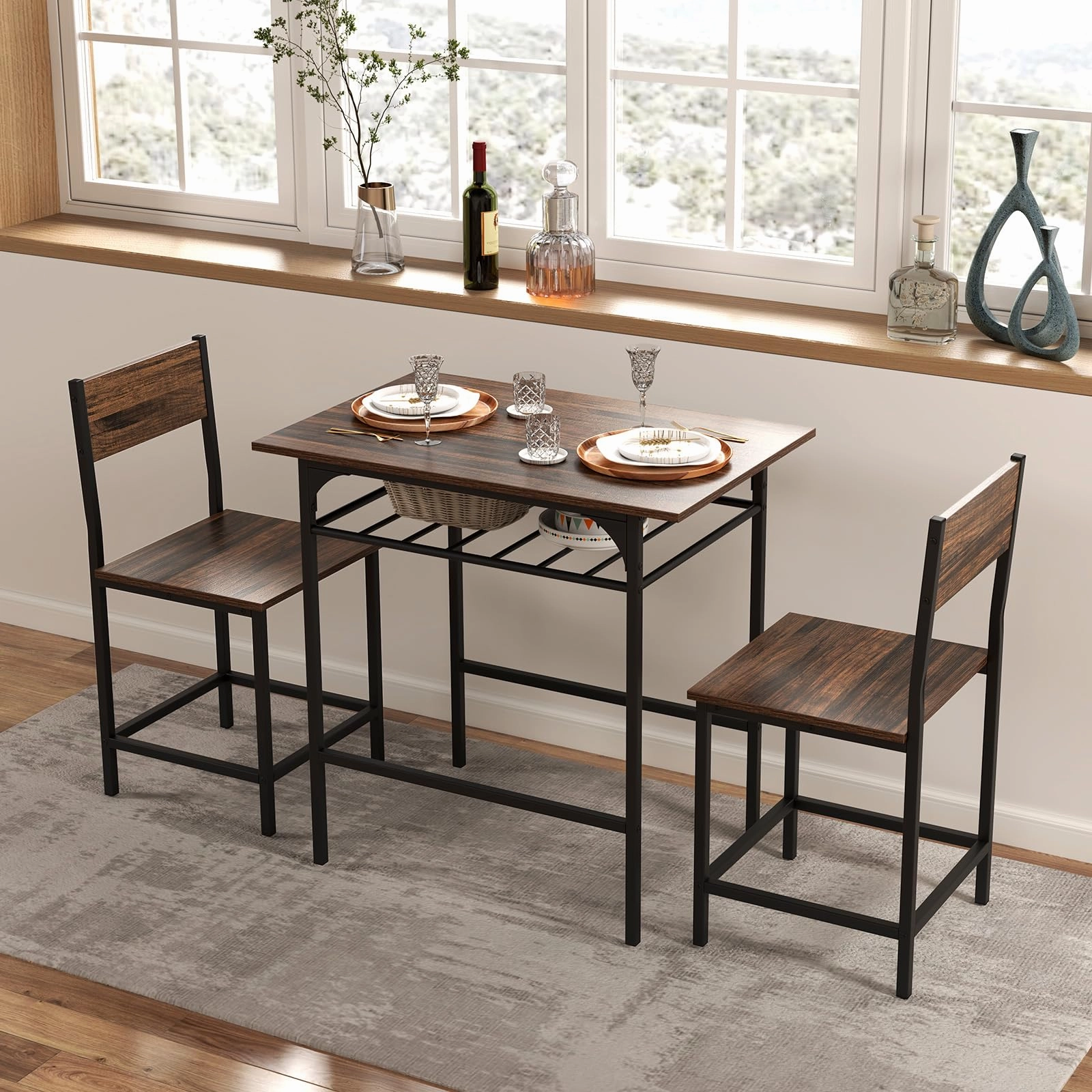 Giantex 3-Piece Dining Table Set with Wine Rack for 2 Small Space