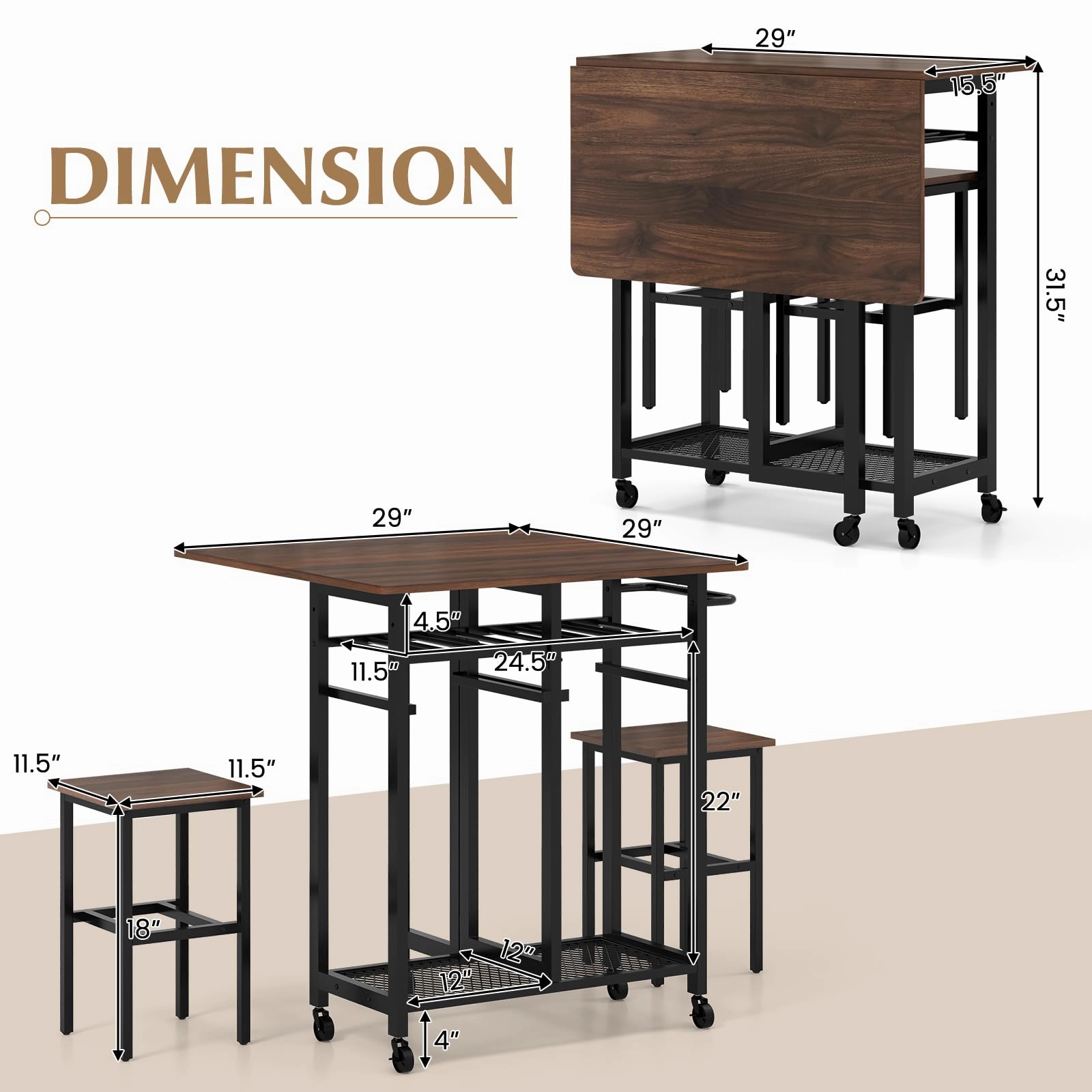 Giantex 3-Piece Foldable Dining Table Set, Extendable Dining Table & 2 Stools Set w/ 6-Bottle Wine Rack