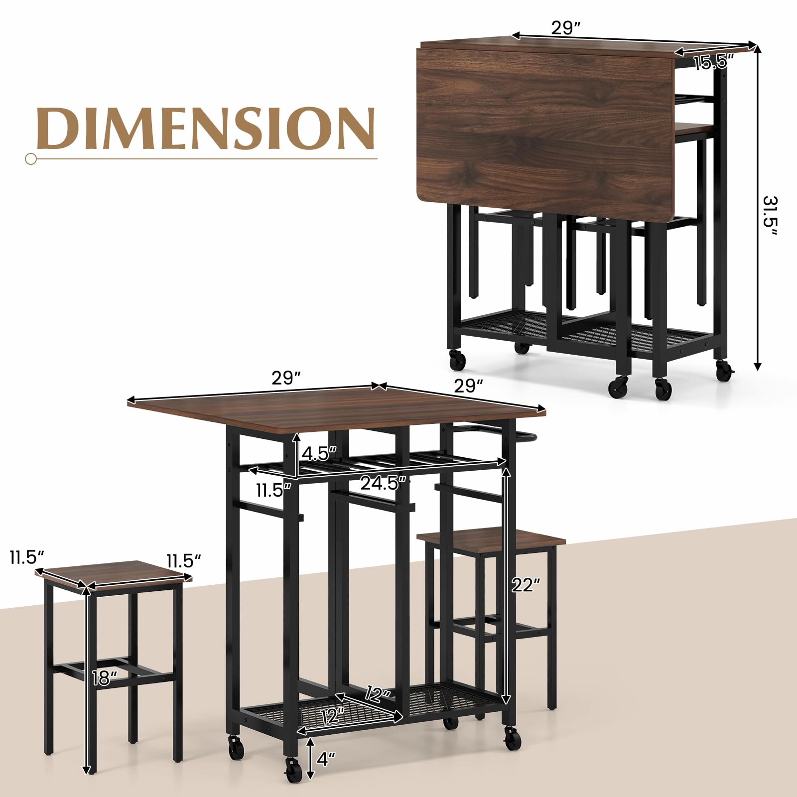 Giantex 3-Piece Foldable Dining Table Set, Extendable Dining Table & 2 Stools Set w/ 6-Bottle Wine Rack