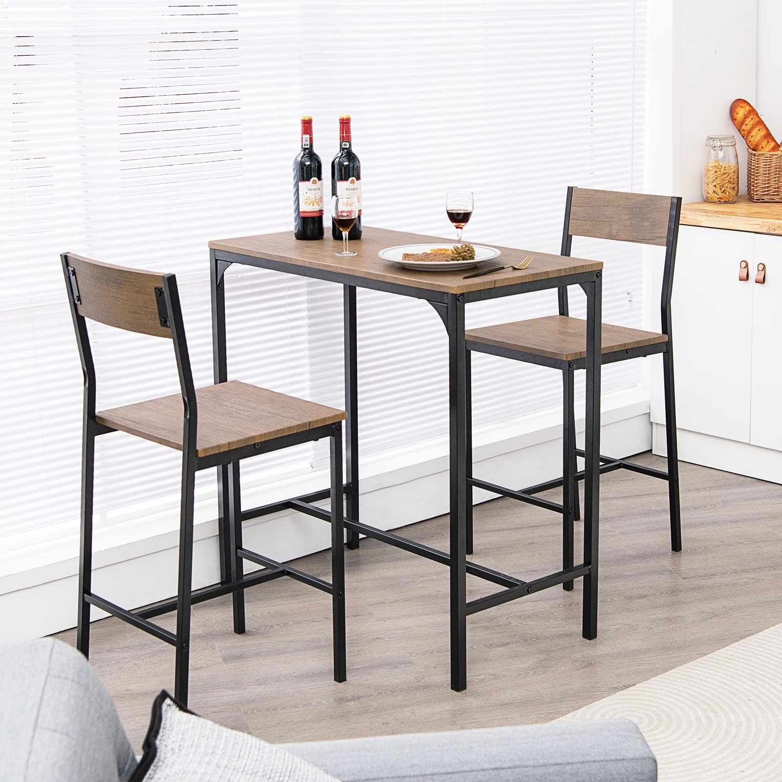 Giantex 3 Piece Pub Table Set, Bar Table and Chairs Set of 2, Rustic Brown