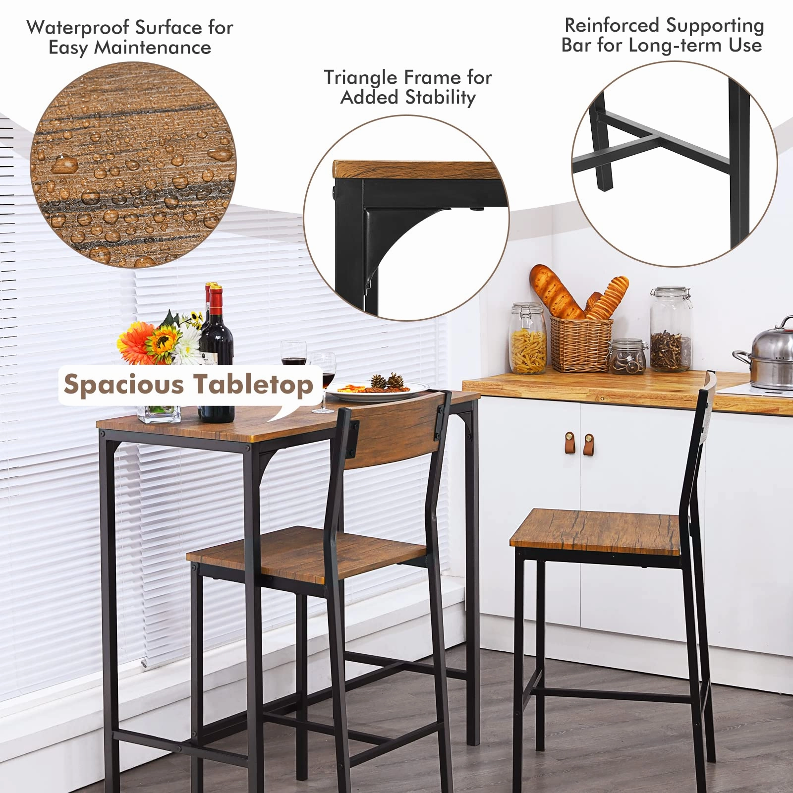 Giantex 3 Piece Pub Table Set, Bar Table and Chairs Set of 2, Rustic Brown
