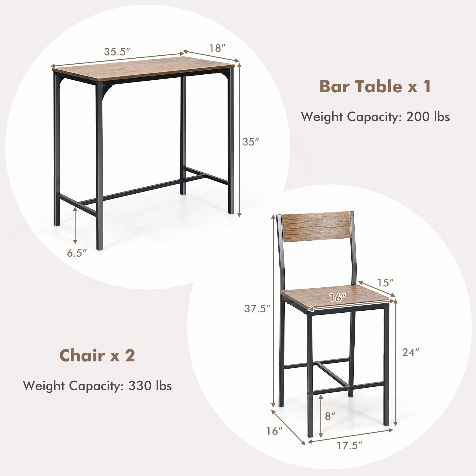 Giantex 3 Piece Pub Table Set, Bar Table and Chairs Set of 2, Rustic Brown