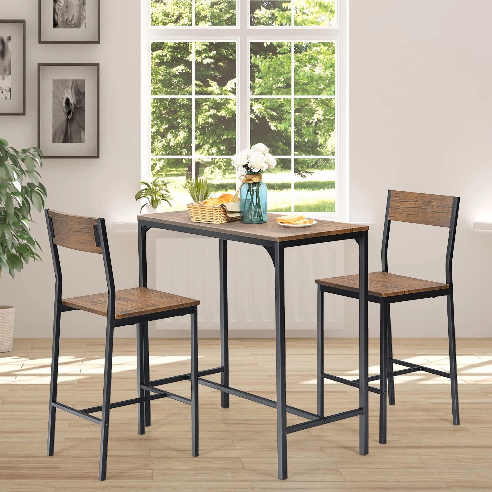 Giantex 3 Piece Pub Table Set, Bar Table and Chairs Set of 2, Rustic Brown