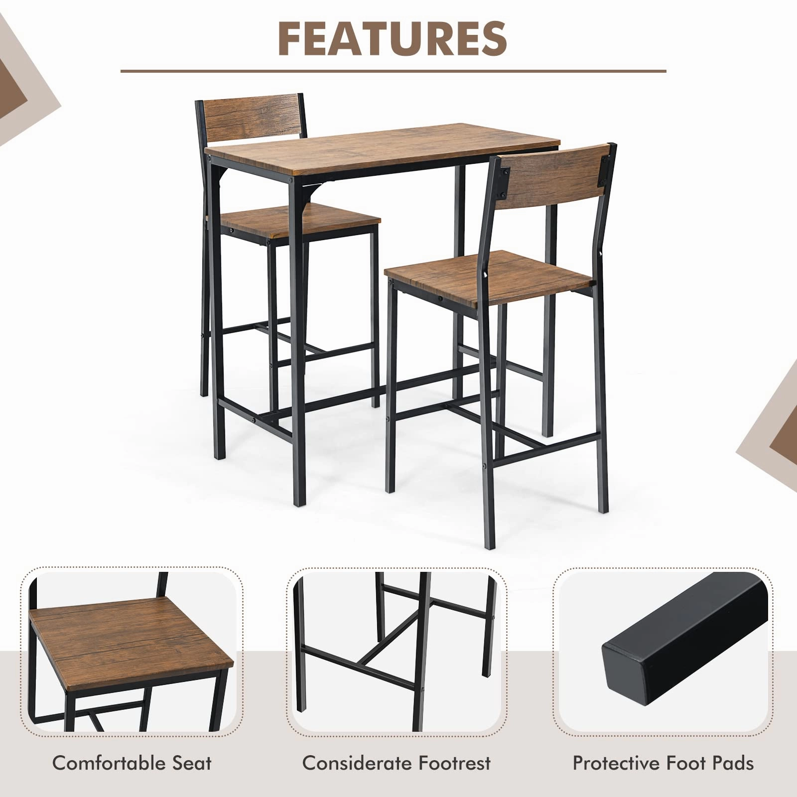 Giantex 3 Piece Pub Table Set, Bar Table and Chairs Set of 2, Rustic Brown