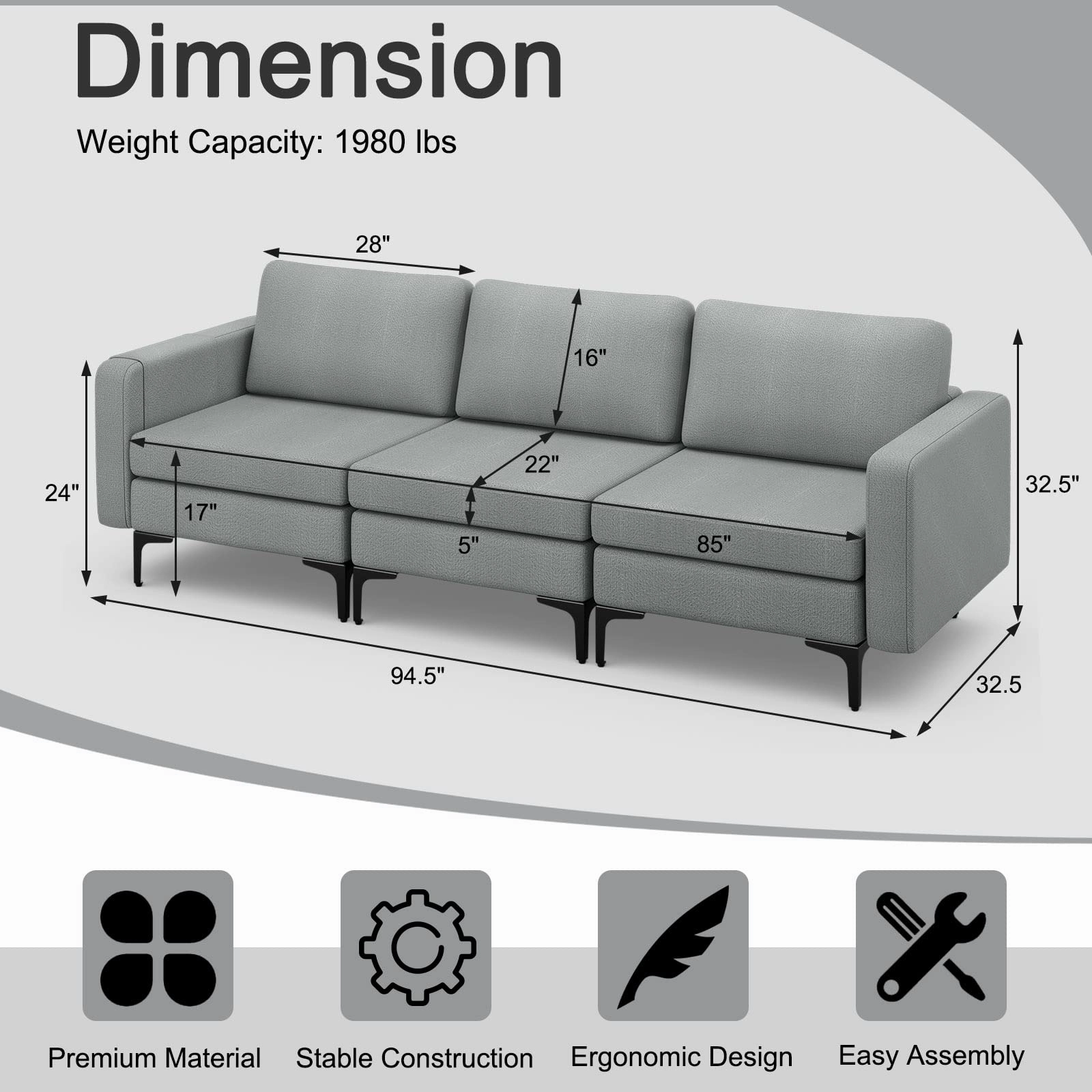 Giantex 3 Seat Sectional Sofa Couch, 94.5" L Modular Sleeper