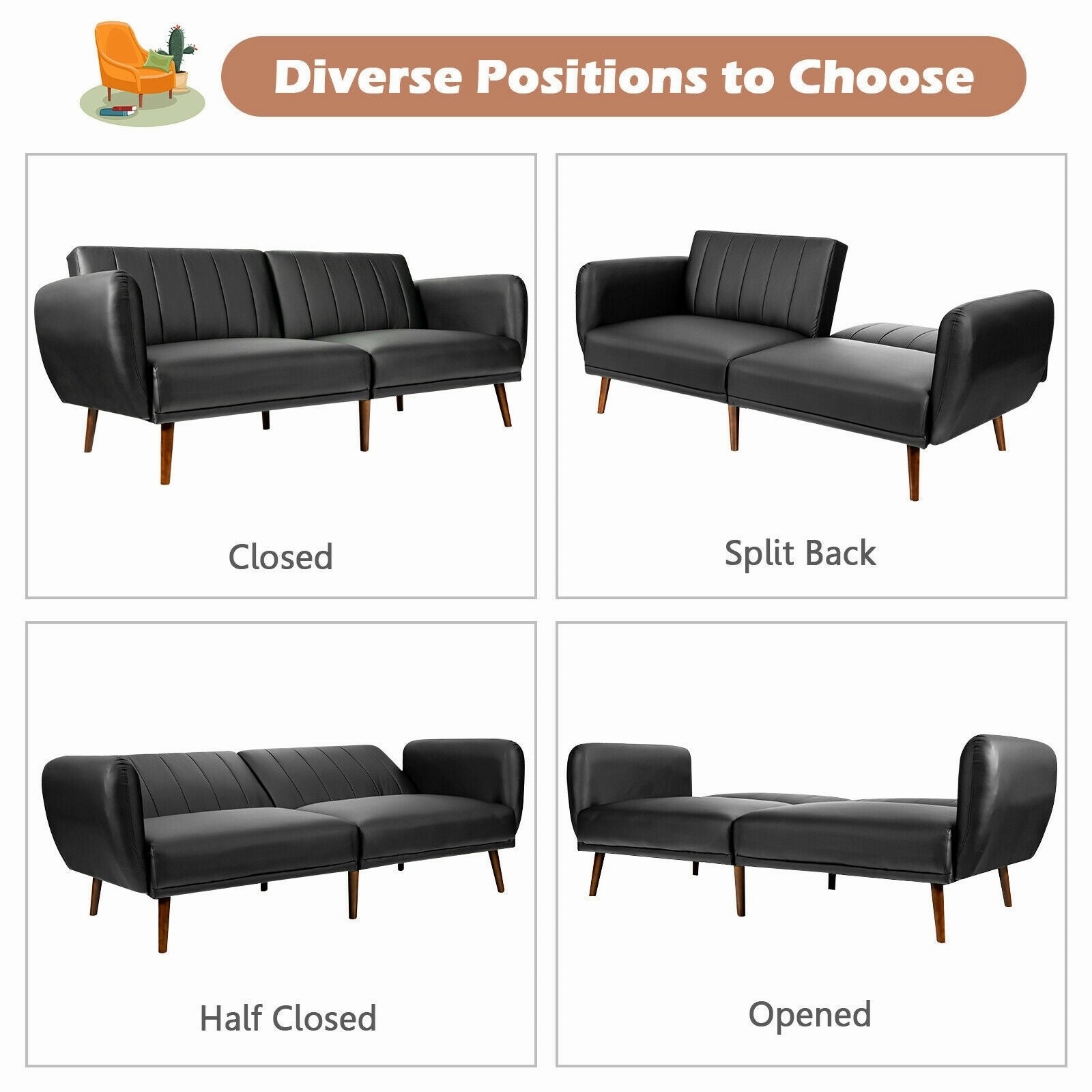 Giantex 3 Seat Sofa Bed, Convertible Futon Sofa,  Adjustable Backrest, Foldable Couch Sleeper with Armrest (Black)