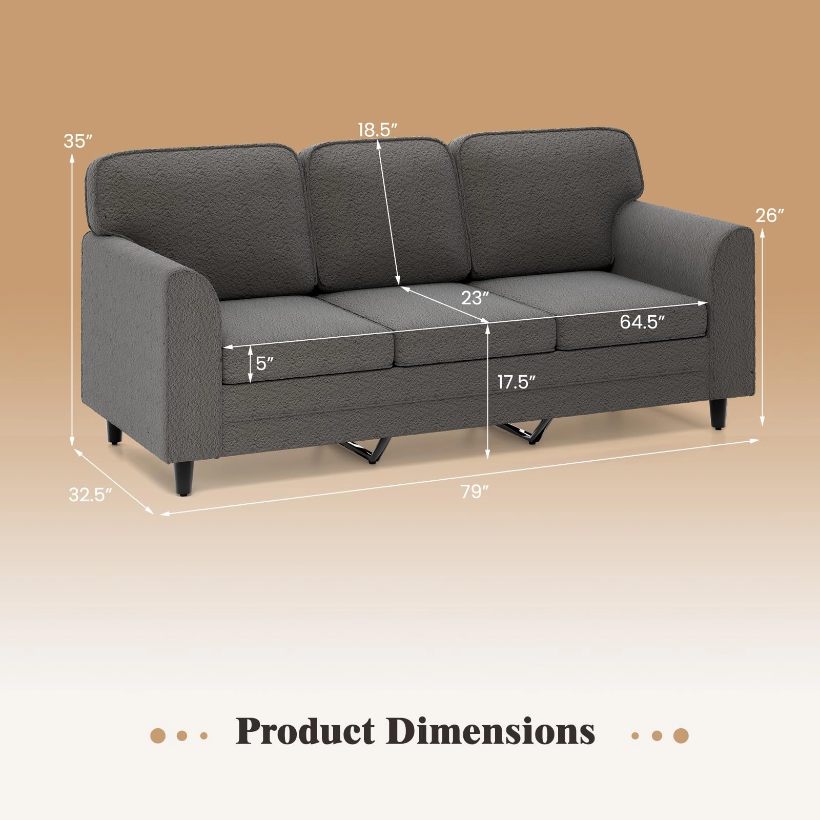Giantex 3 Seater Couch - 79 Mid Century Modern Upholstered Sofa with Armrests, Sturdy Legs