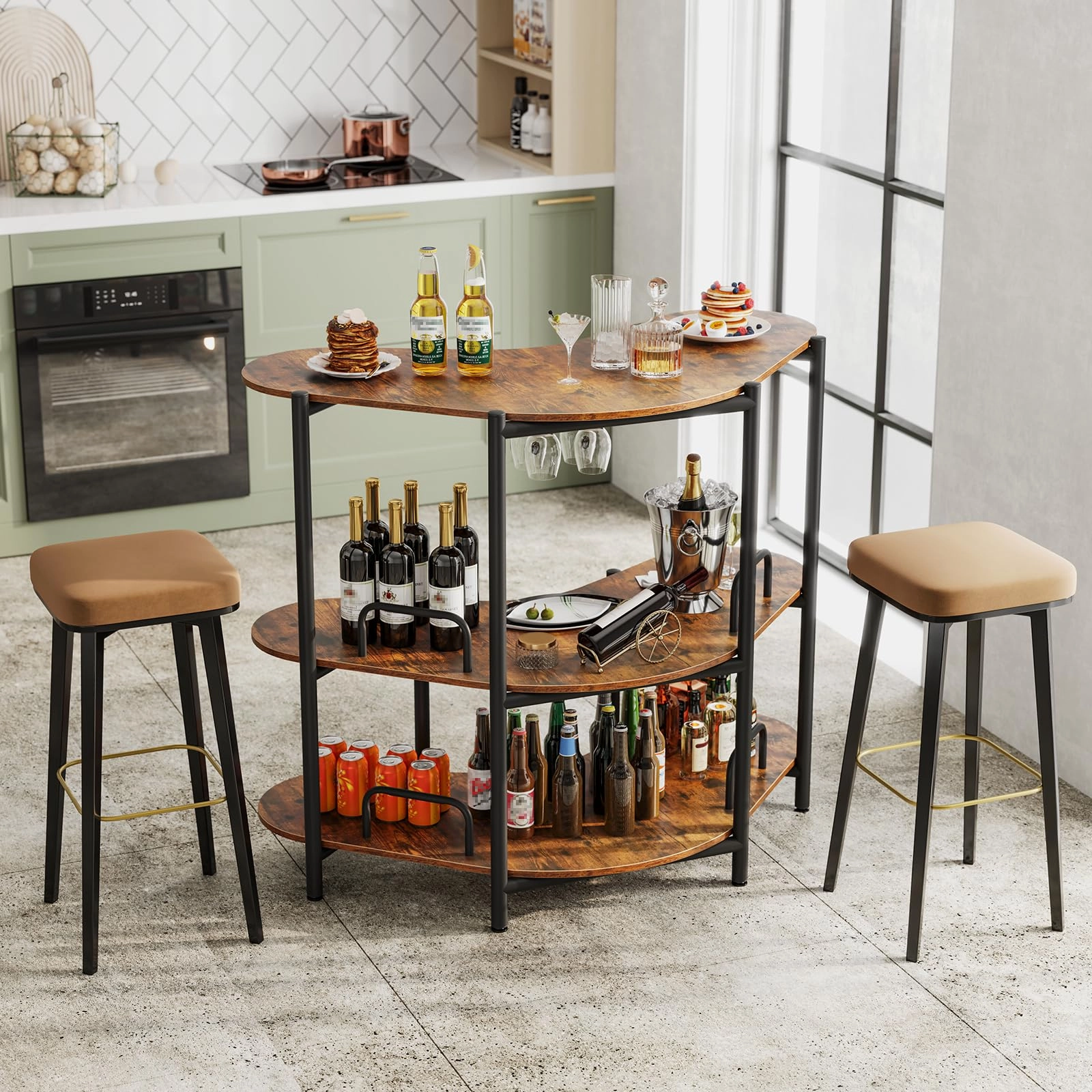 Giantex 3-Tier Bar Table, Corner Bar Cabinet, Liquor Home Bar Unit with Stemware Racks & Storage Shelves