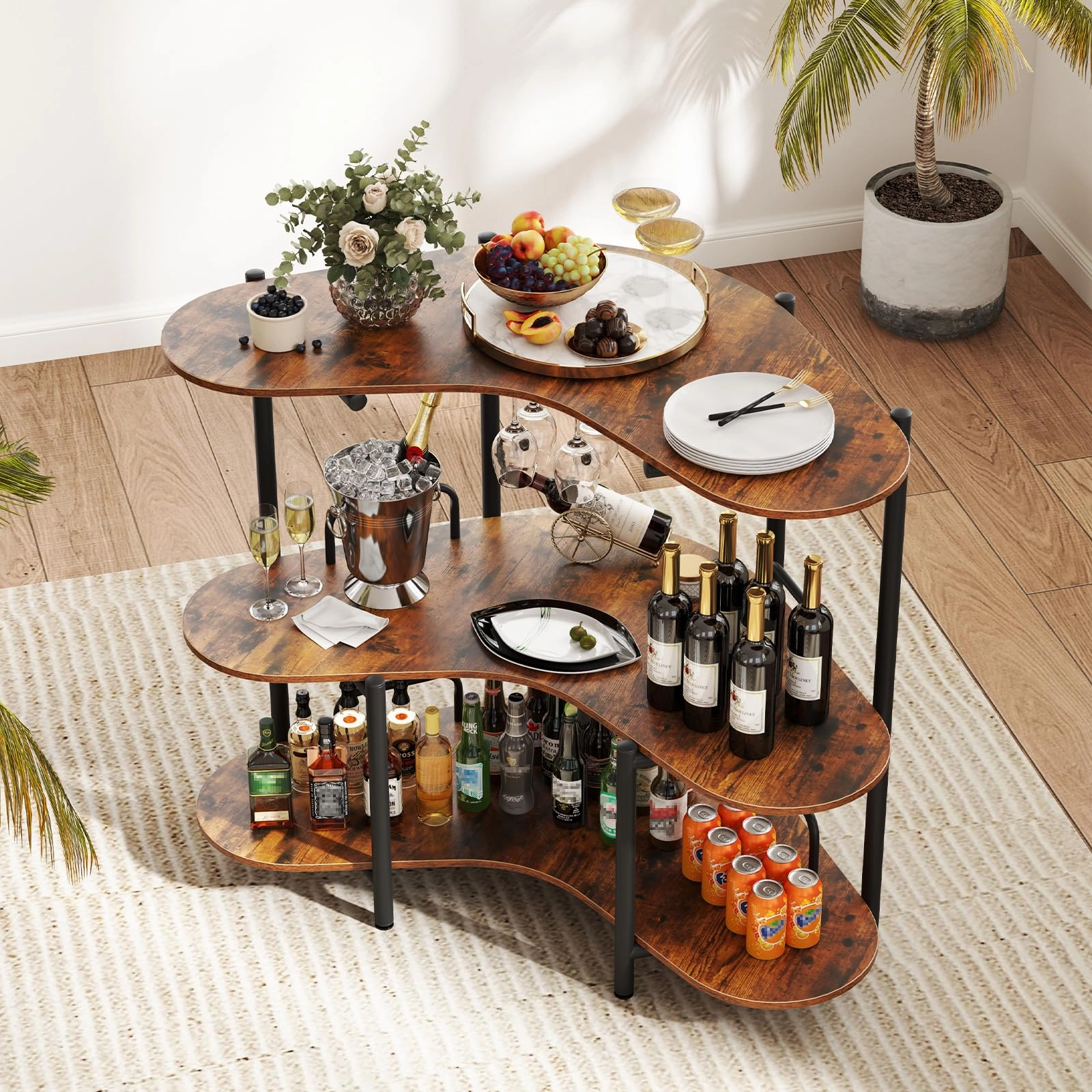 Giantex 3-Tier Bar Table, Corner Bar Cabinet, Liquor Home Bar Unit with Stemware Racks & Storage Shelves