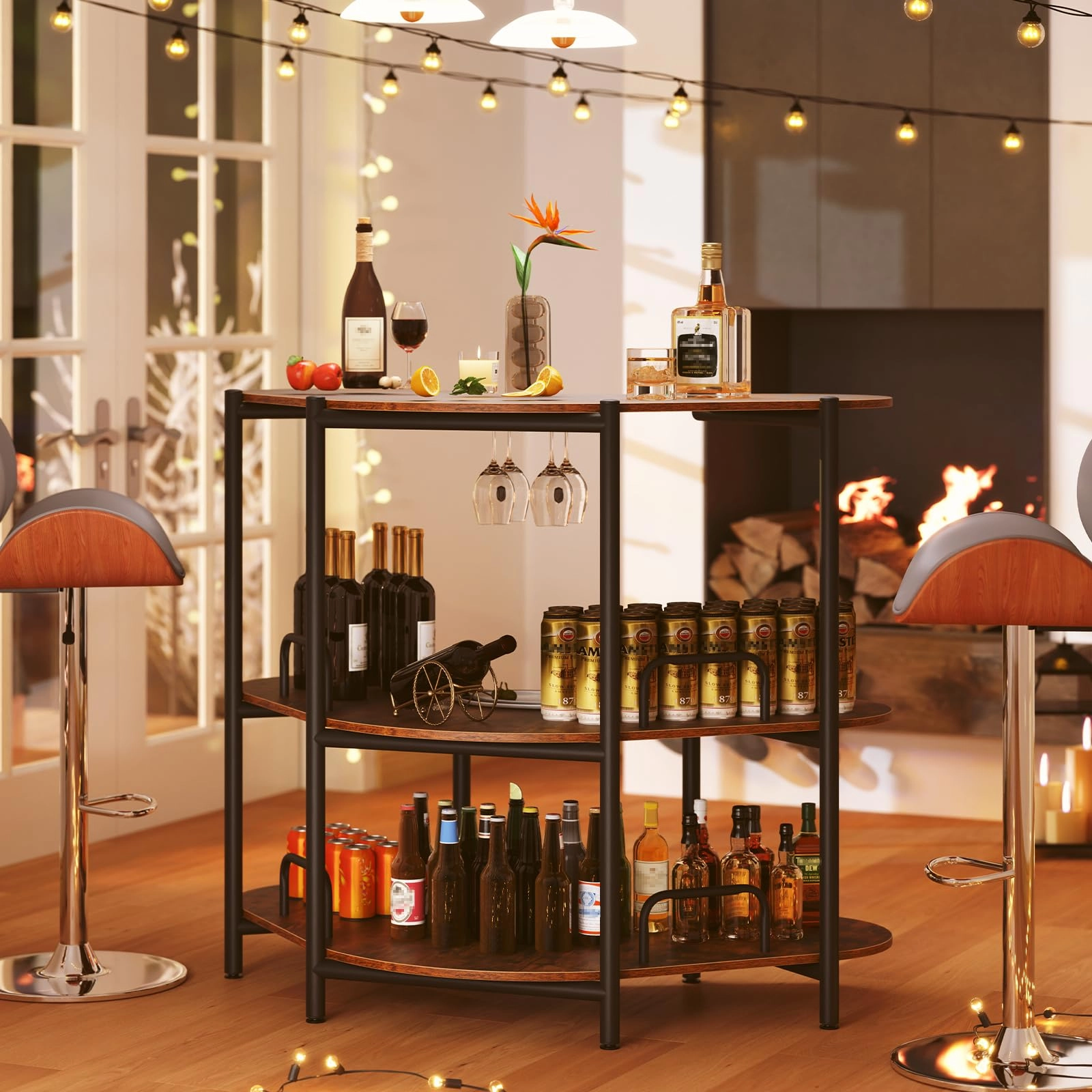 Giantex 3-Tier Bar Table, Corner Bar Cabinet, Liquor Home Bar Unit with Stemware Racks & Storage Shelves